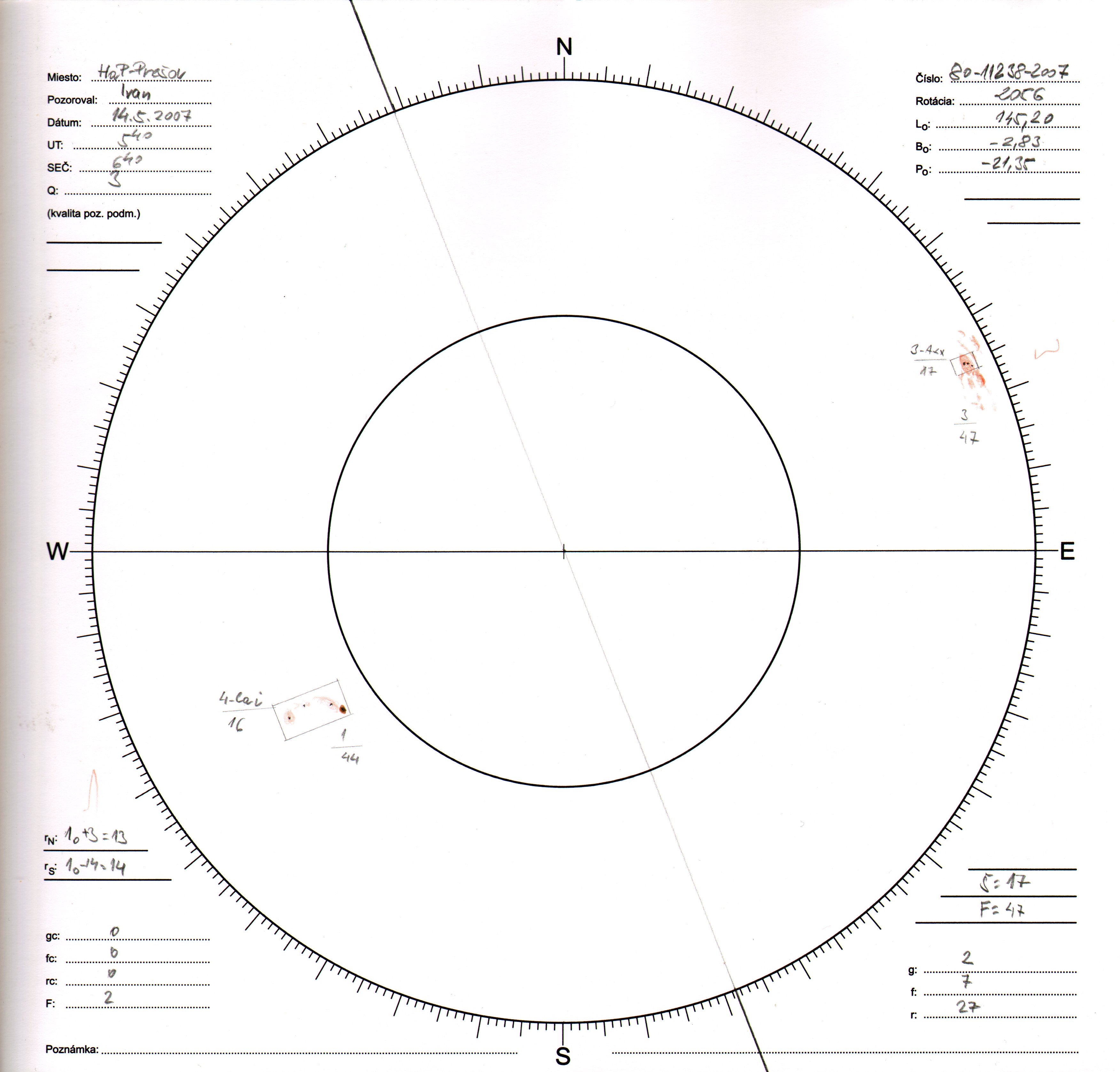 Obrázok zákresu Slnka na deň 14.05.2007