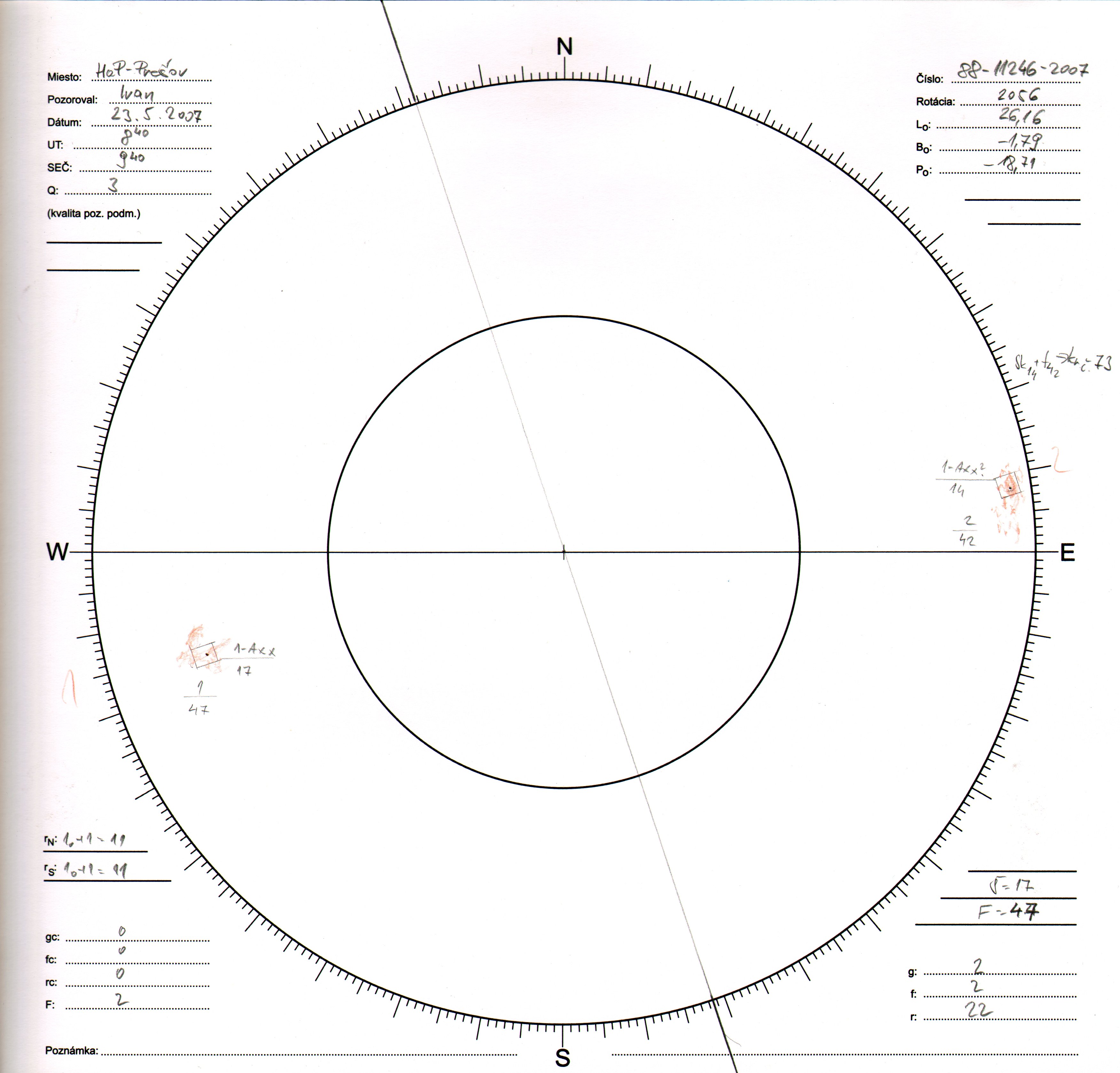 Obrázok zákresu Slnka na deň 23.05.2007