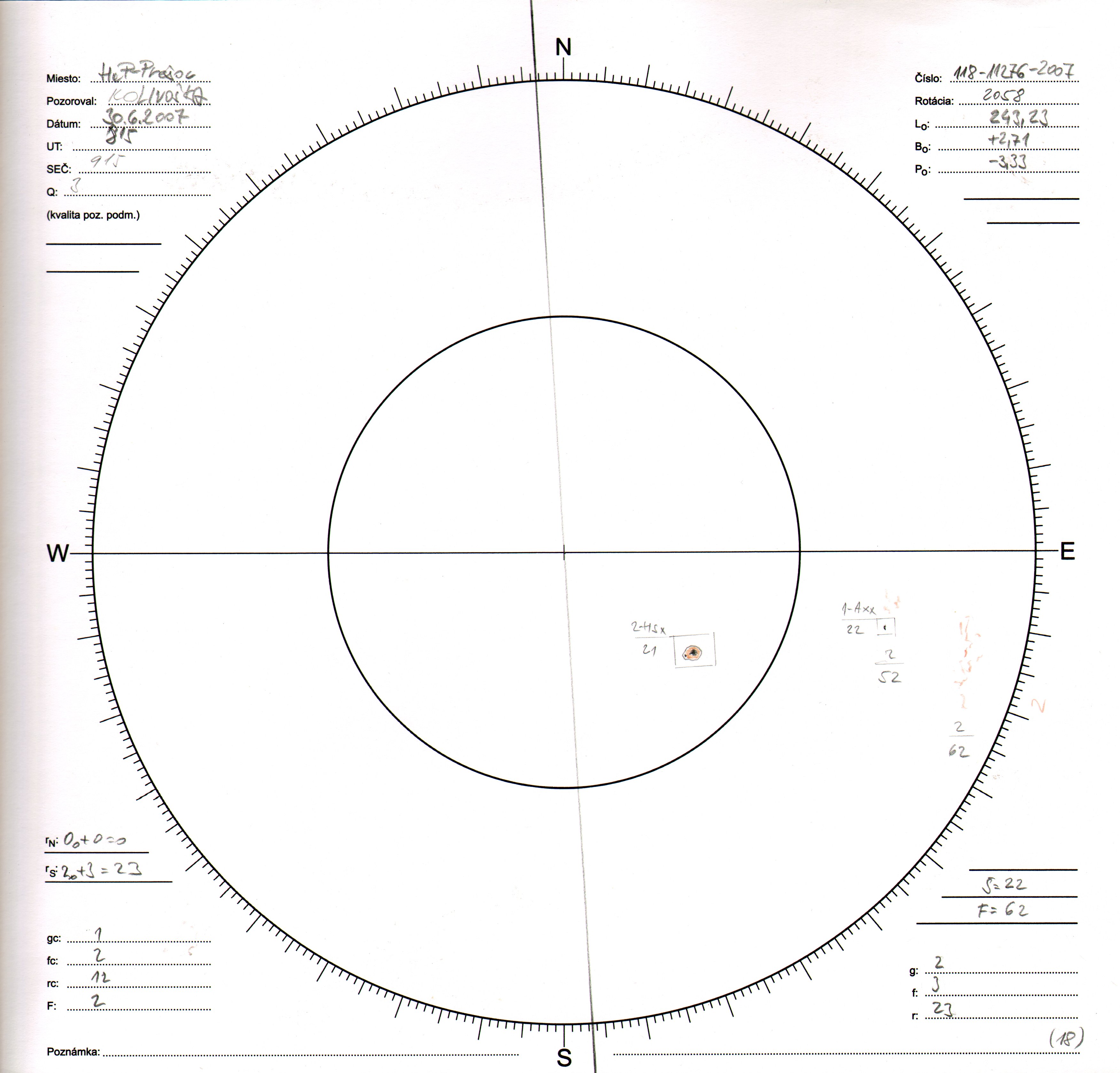 Obrázok zákresu Slnka na deň 30.06.2007