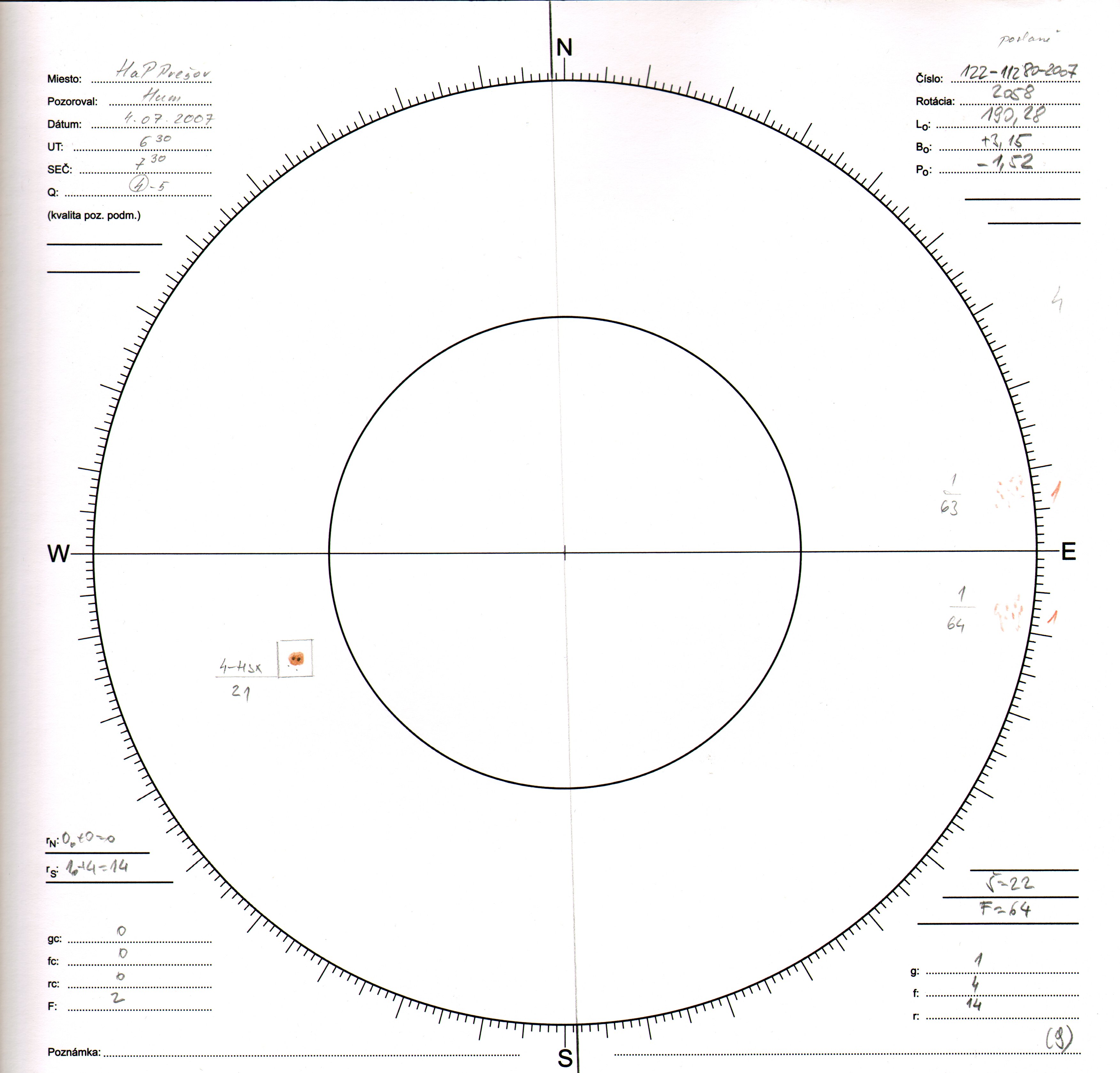 Obrázok zákresu Slnka na deň 04.07.2007