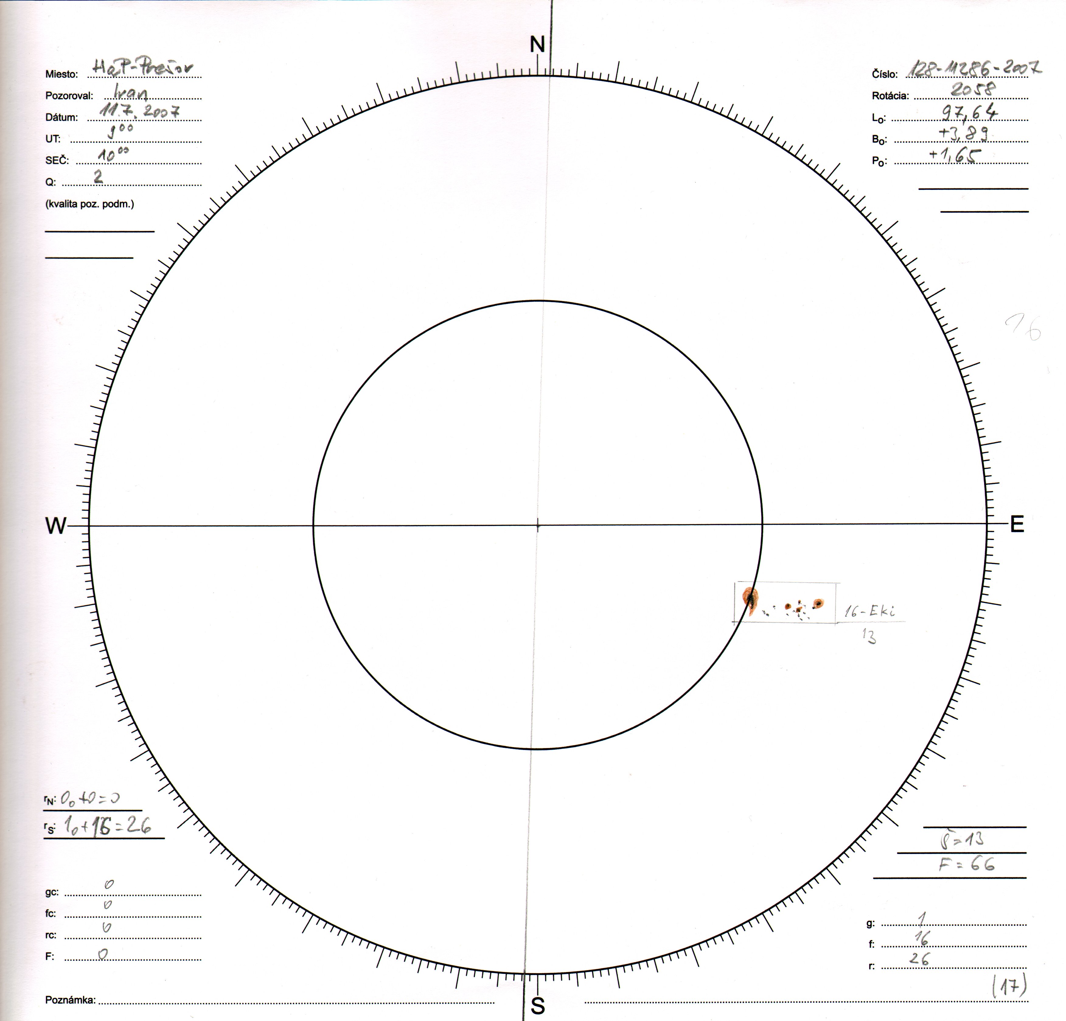 Obrázok zákresu Slnka na deň 11.07.2007