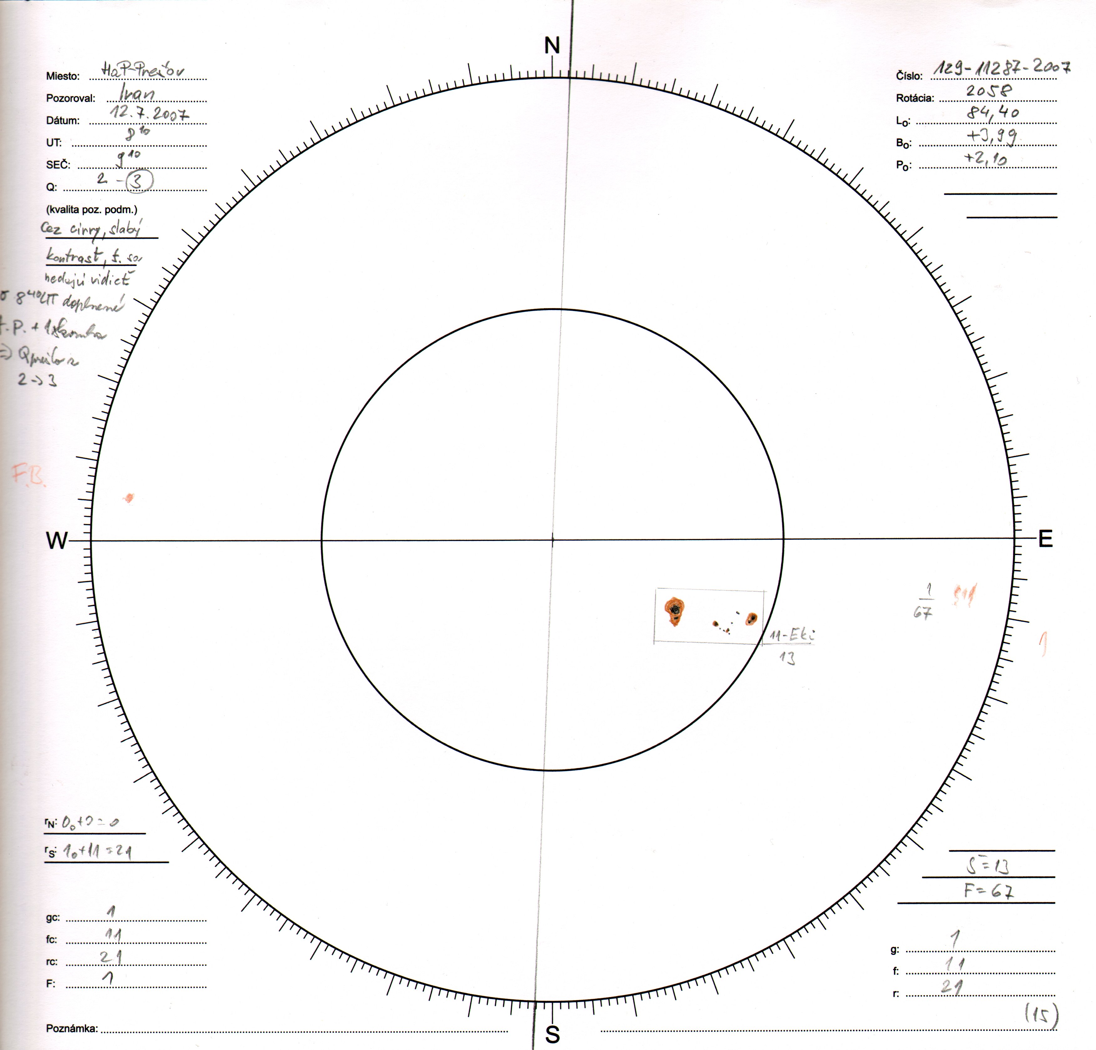 Obrázok zákresu Slnka na deň 12.07.2007