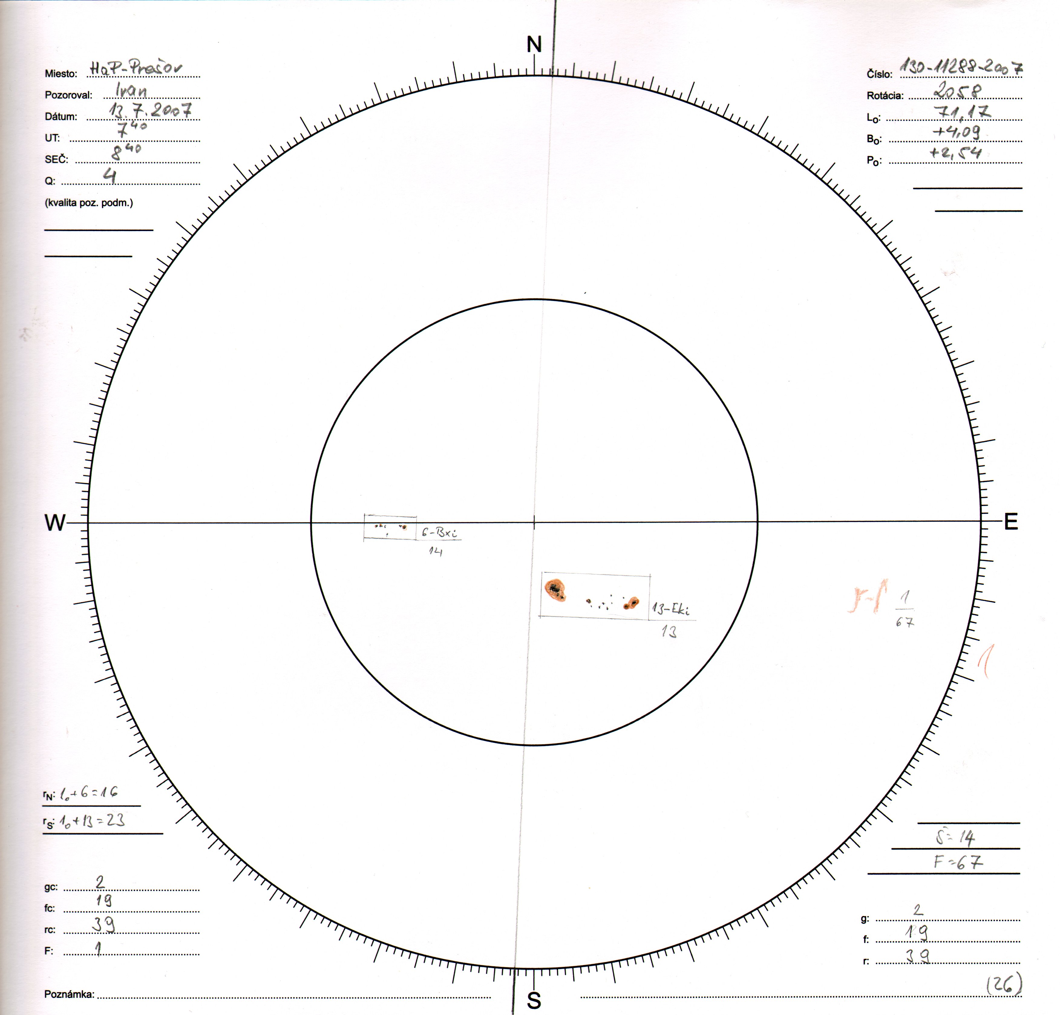 Obrázok zákresu Slnka na deň 13.07.2007
