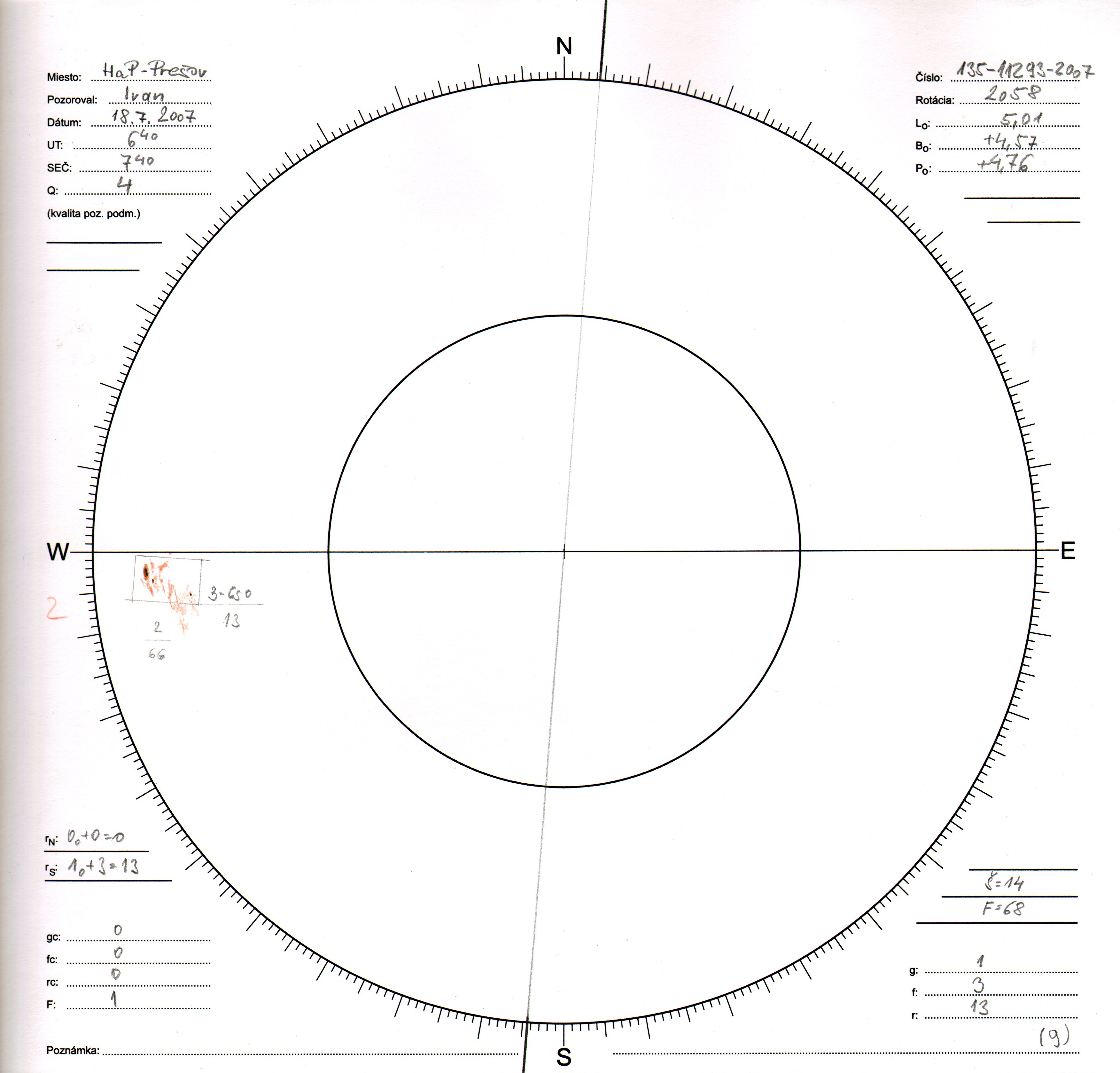 Obrázok zákresu Slnka na deň 18.07.2007