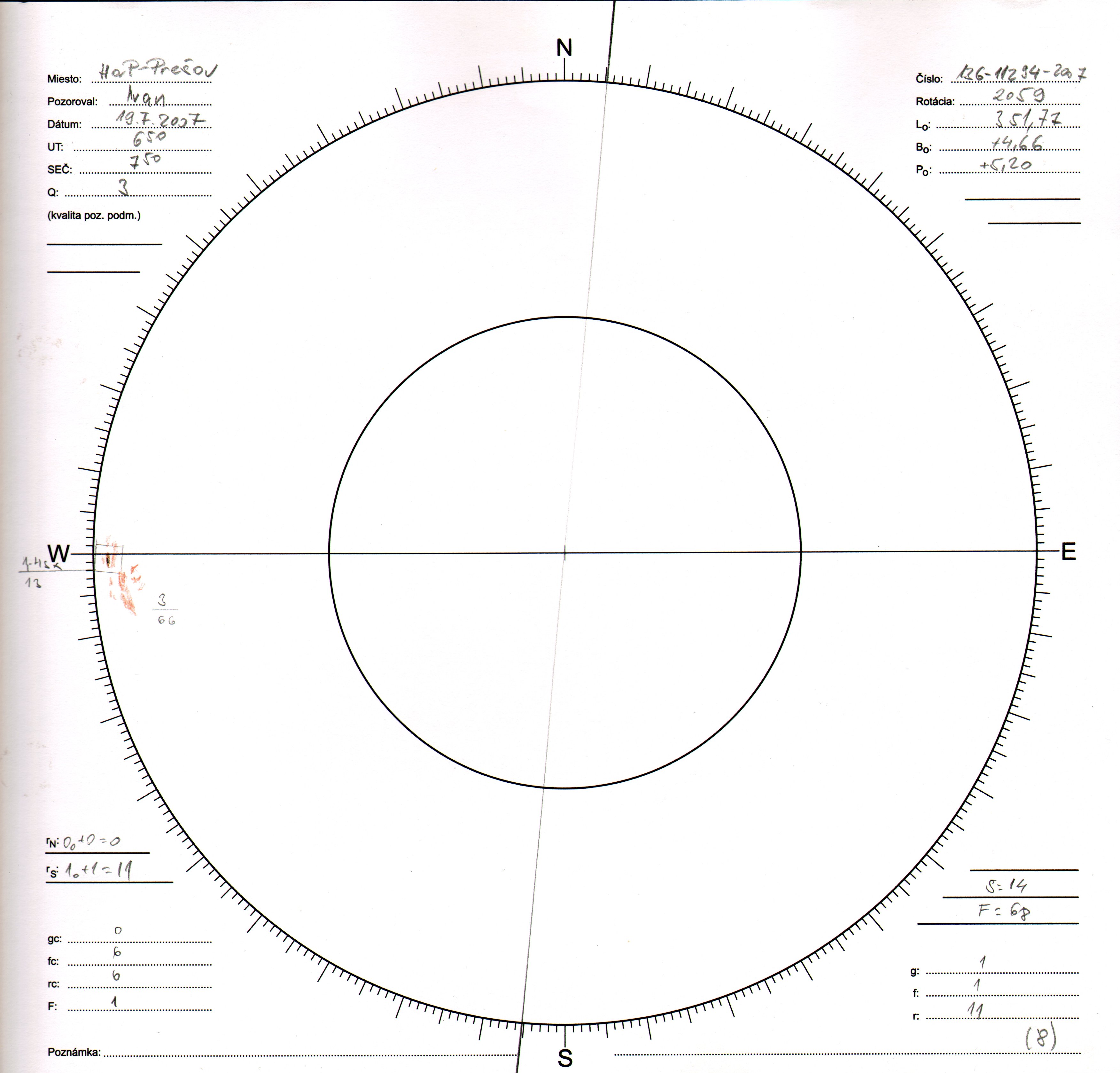 Obrázok zákresu Slnka na deň 19.07.2007