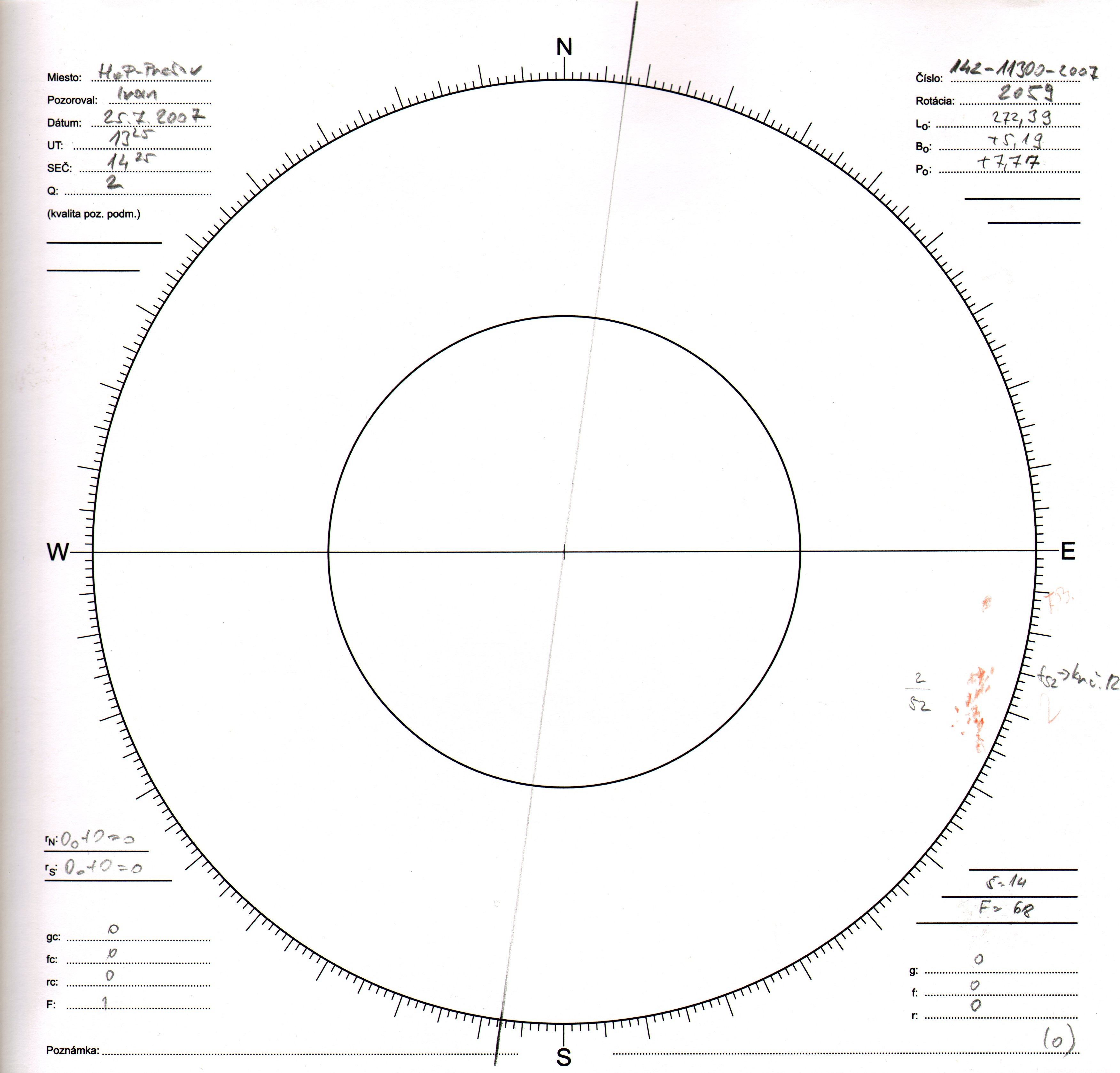 Obrázok zákresu Slnka na deň 25.07.2007