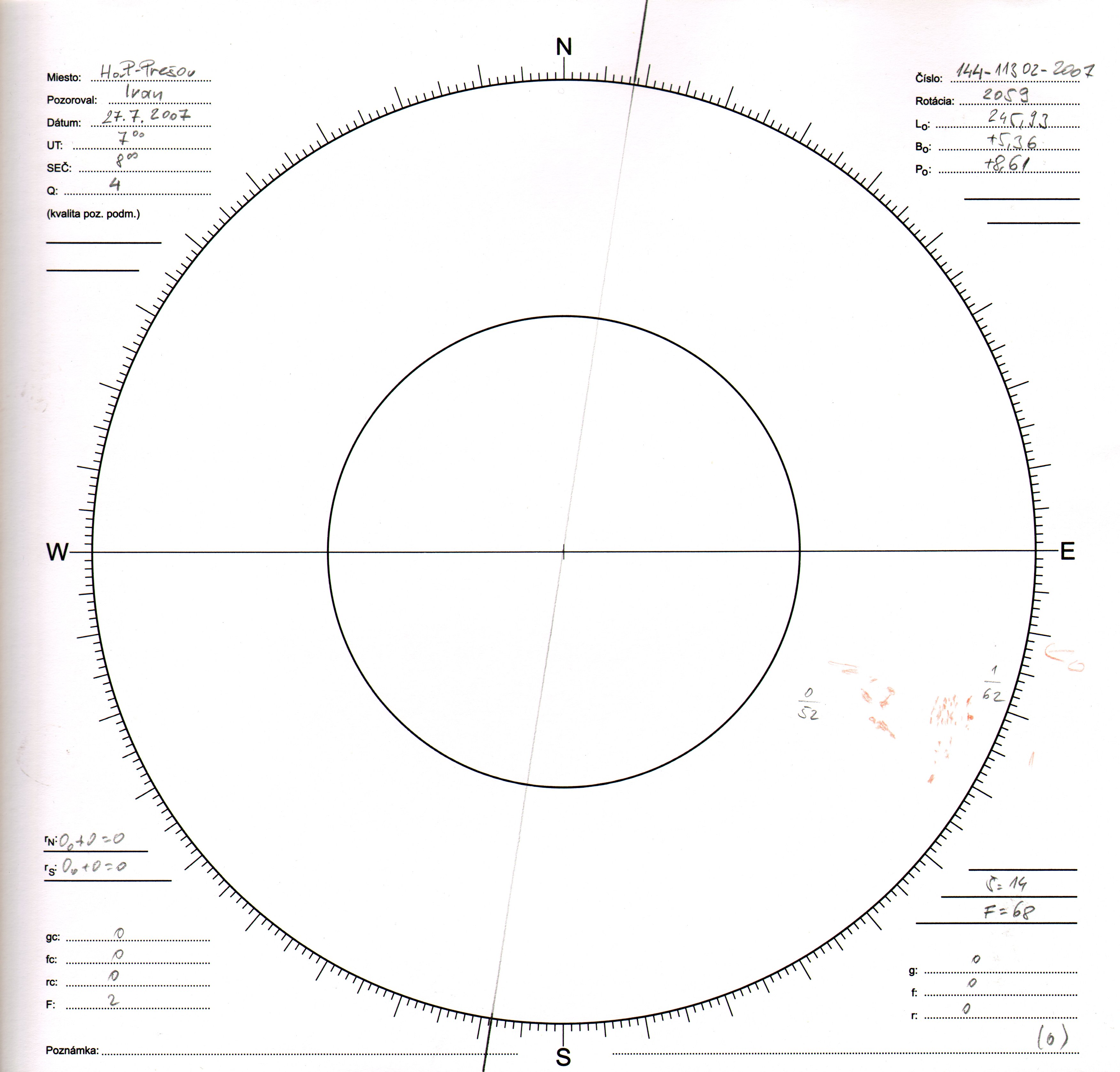 Obrázok zákresu Slnka na deň 27.07.2007