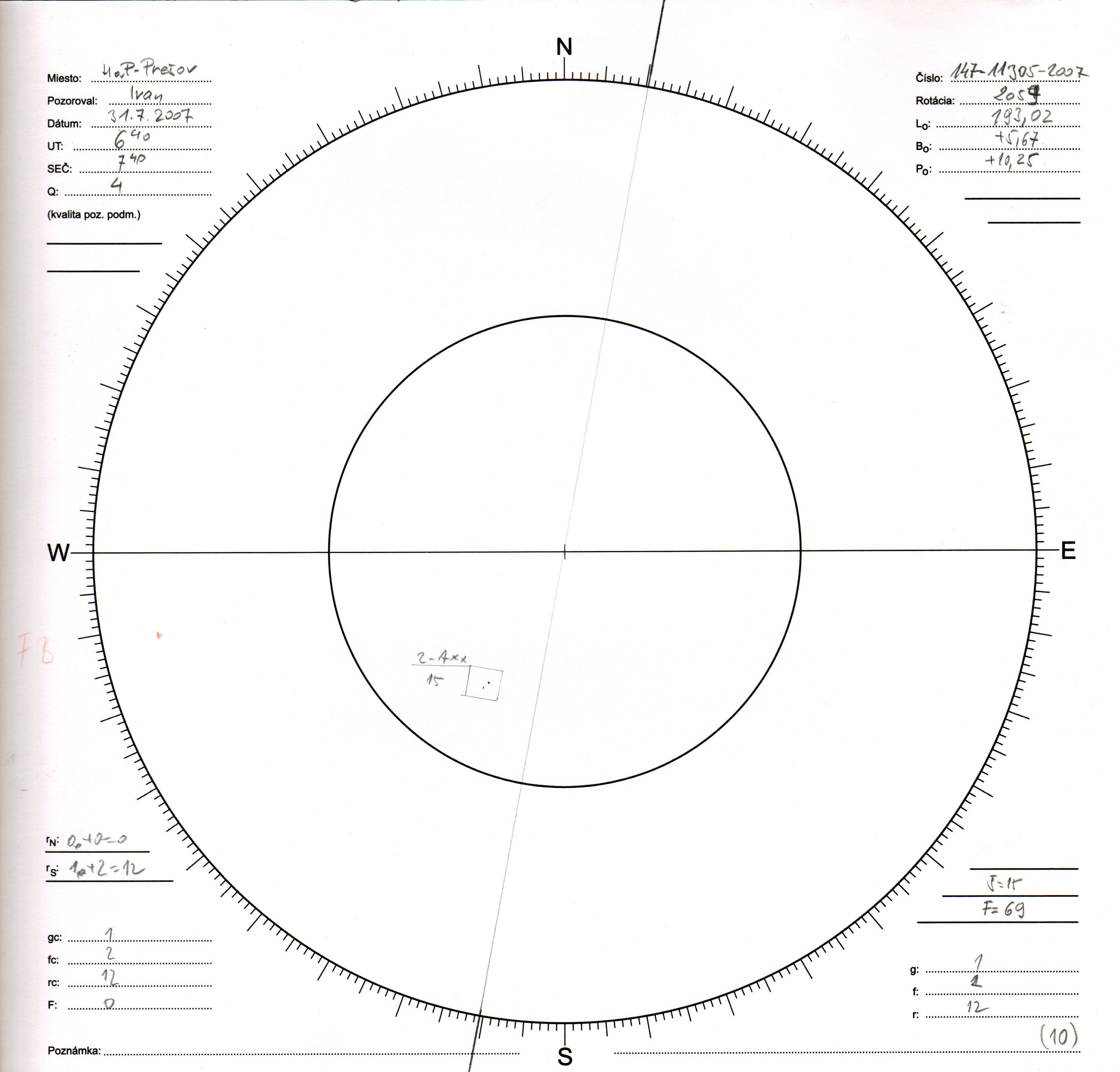 Obrázok zákresu Slnka na deň 31.07.2007