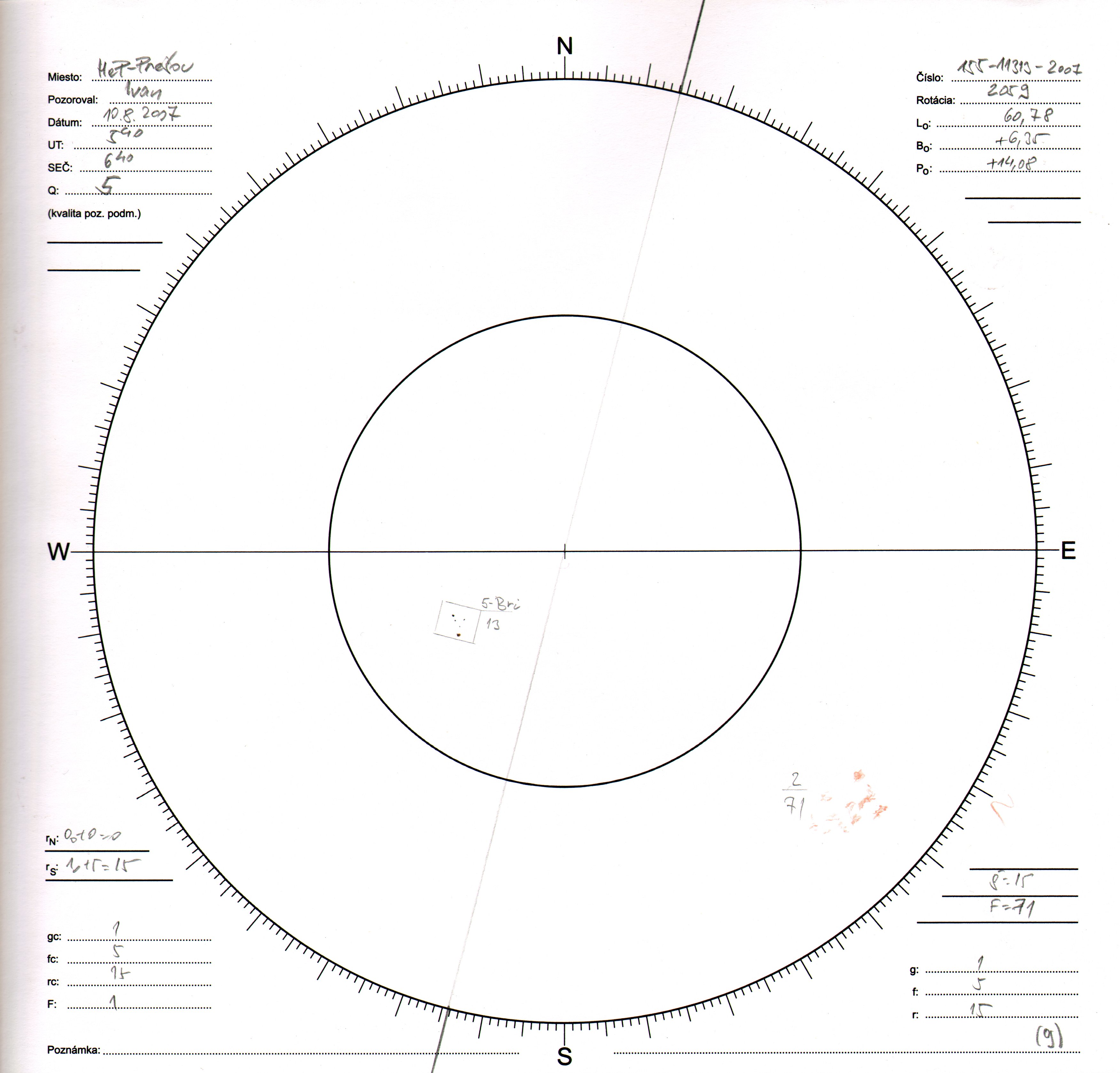 Obrázok zákresu Slnka na deň 10.08.2007