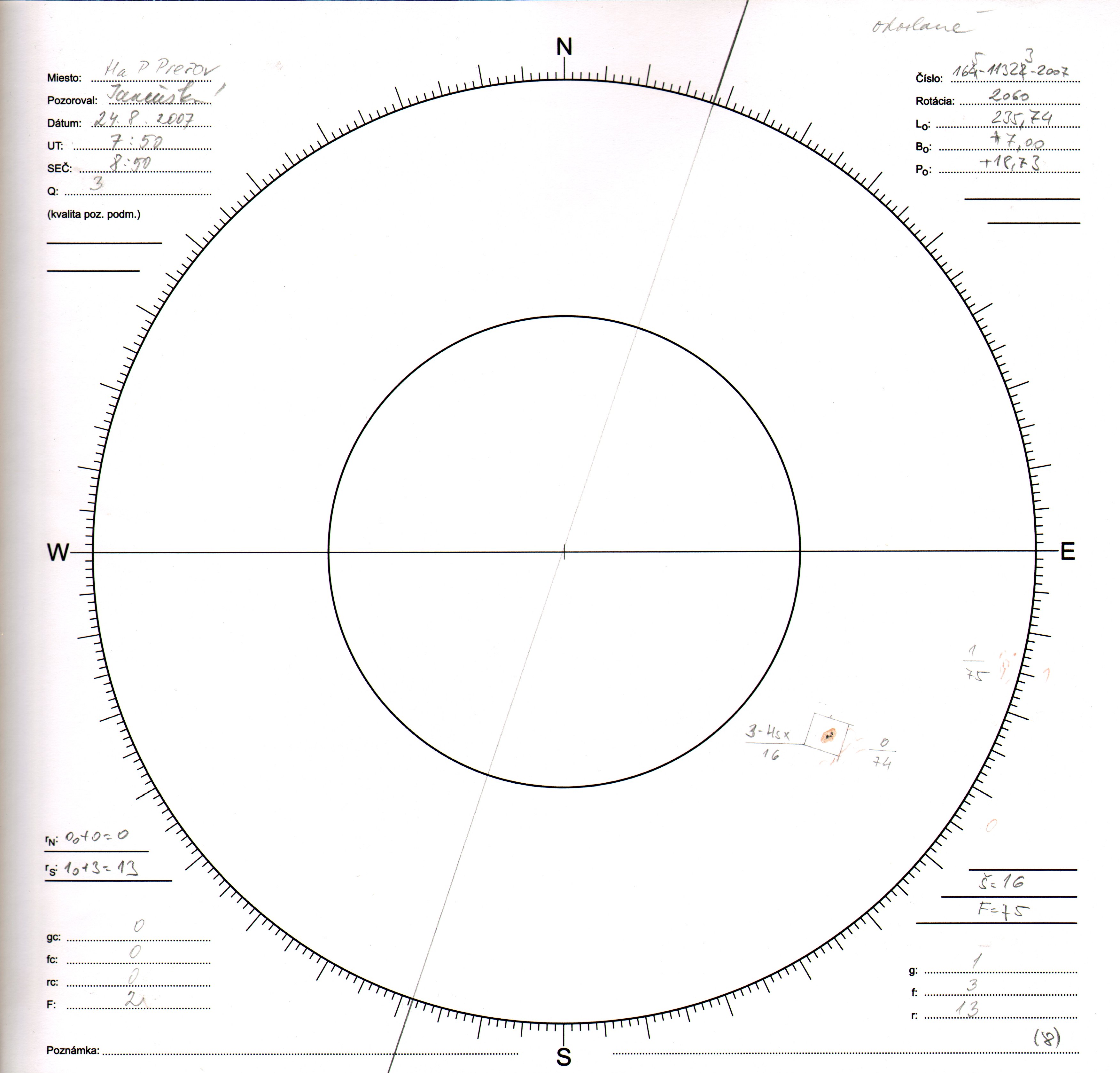 Obrázok zákresu Slnka na deň 24.08.2007