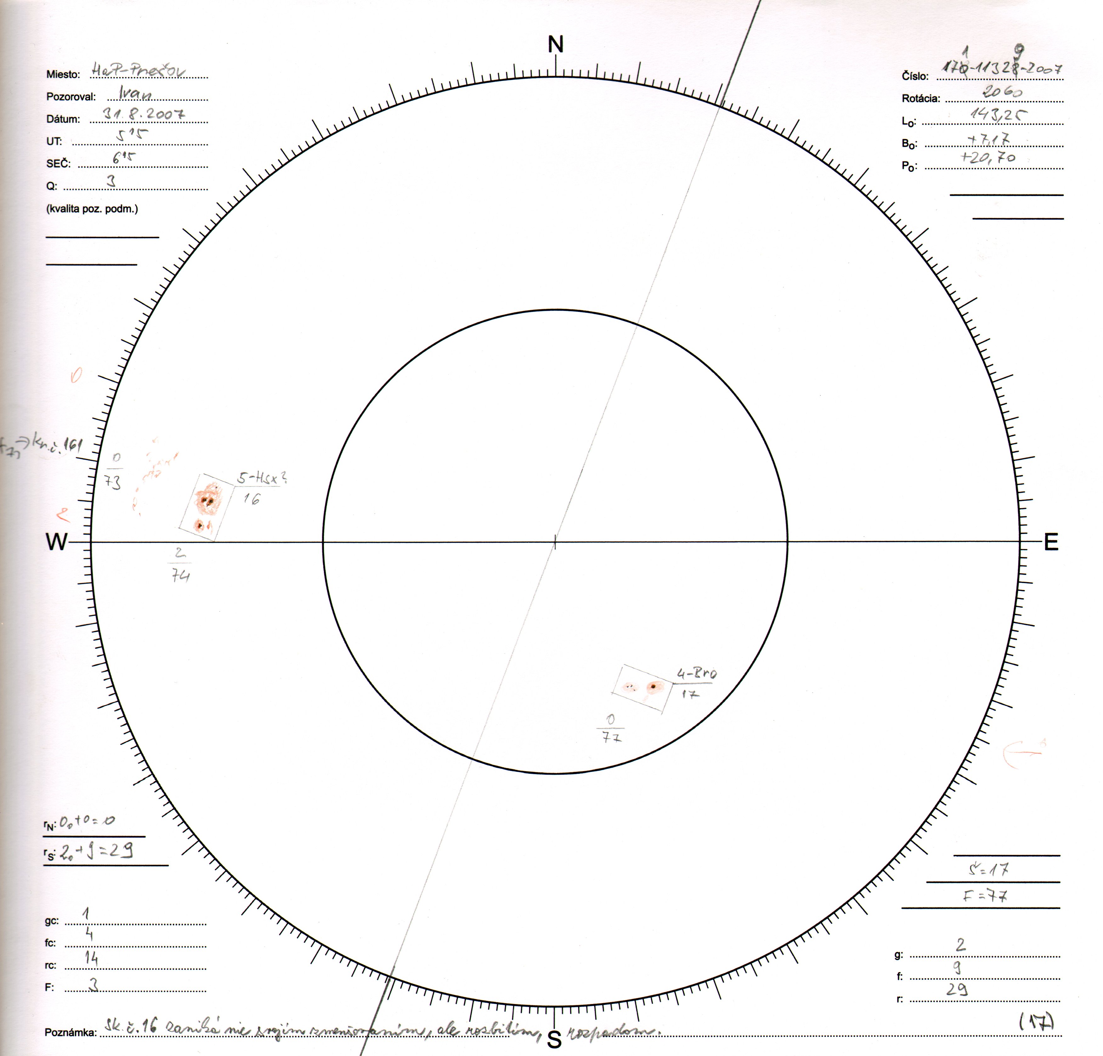 Obrázok zákresu Slnka na deň 31.08.2007