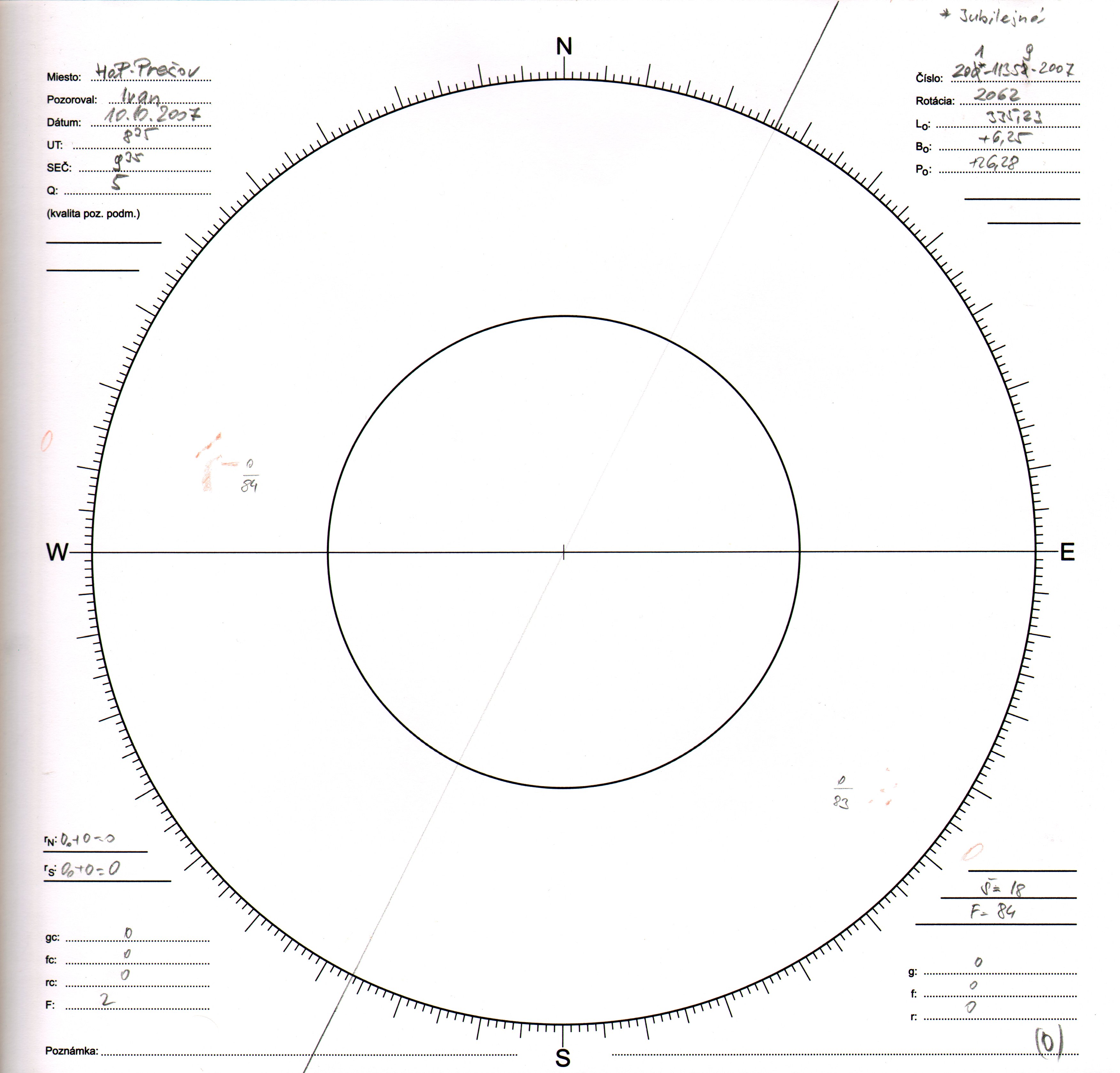 Obrázok zákresu Slnka na deň 10.10.2007