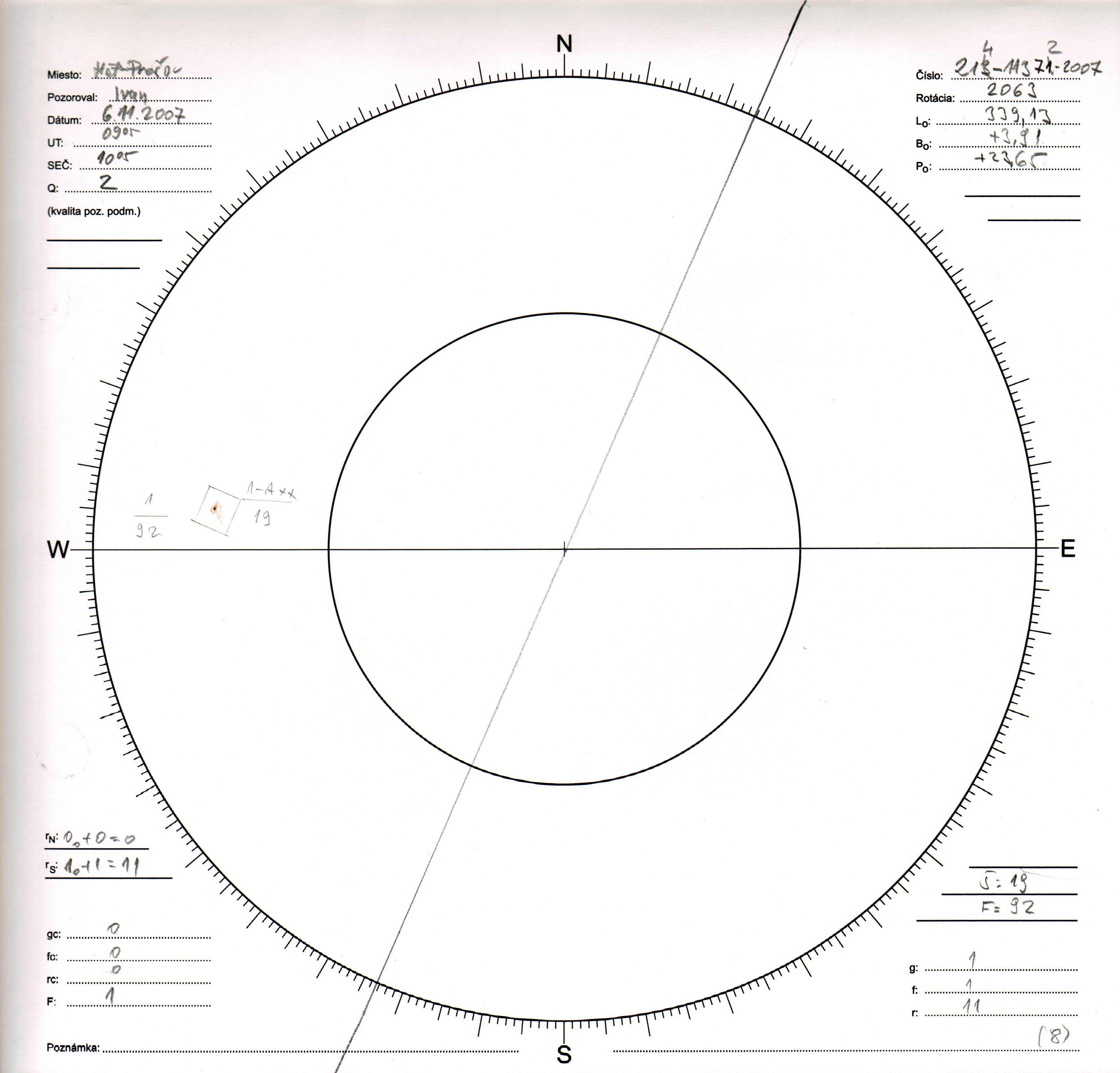 Obrázok zákresu Slnka na deň 06.11.2007