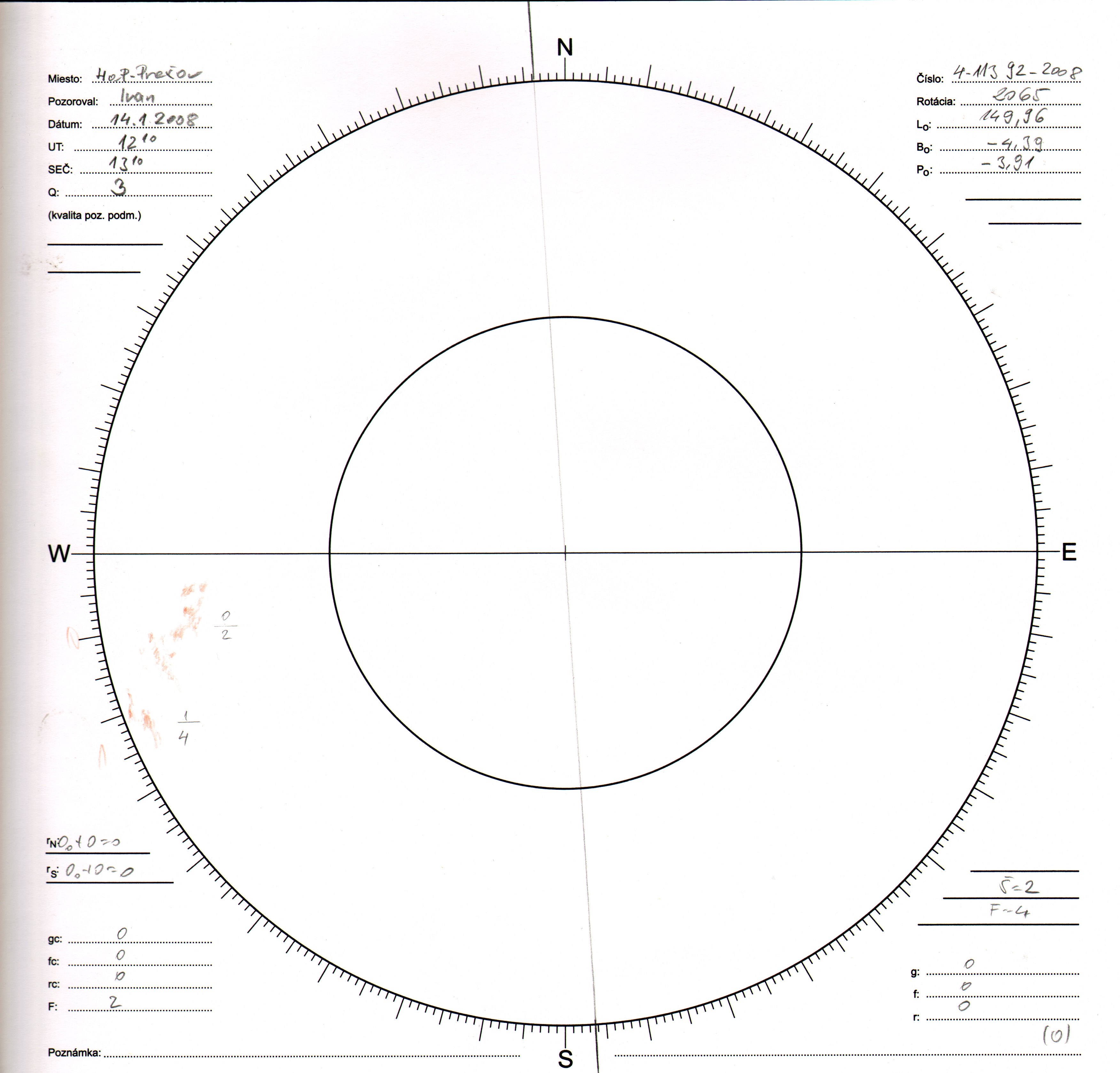 Obrázok zákresu Slnka na deň 14.01.2008