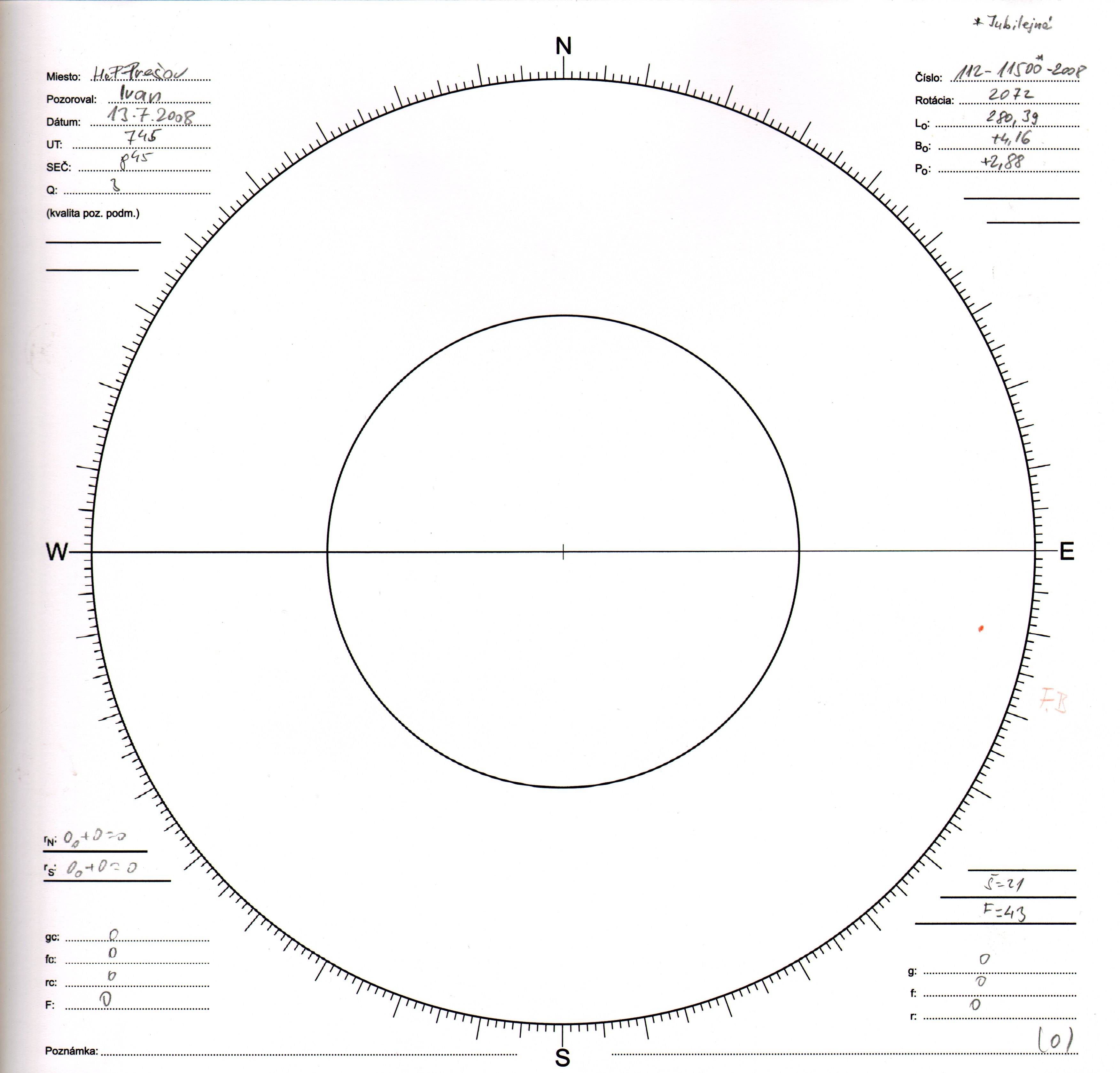 Obrázok zákresu Slnka na deň 13.07.2008