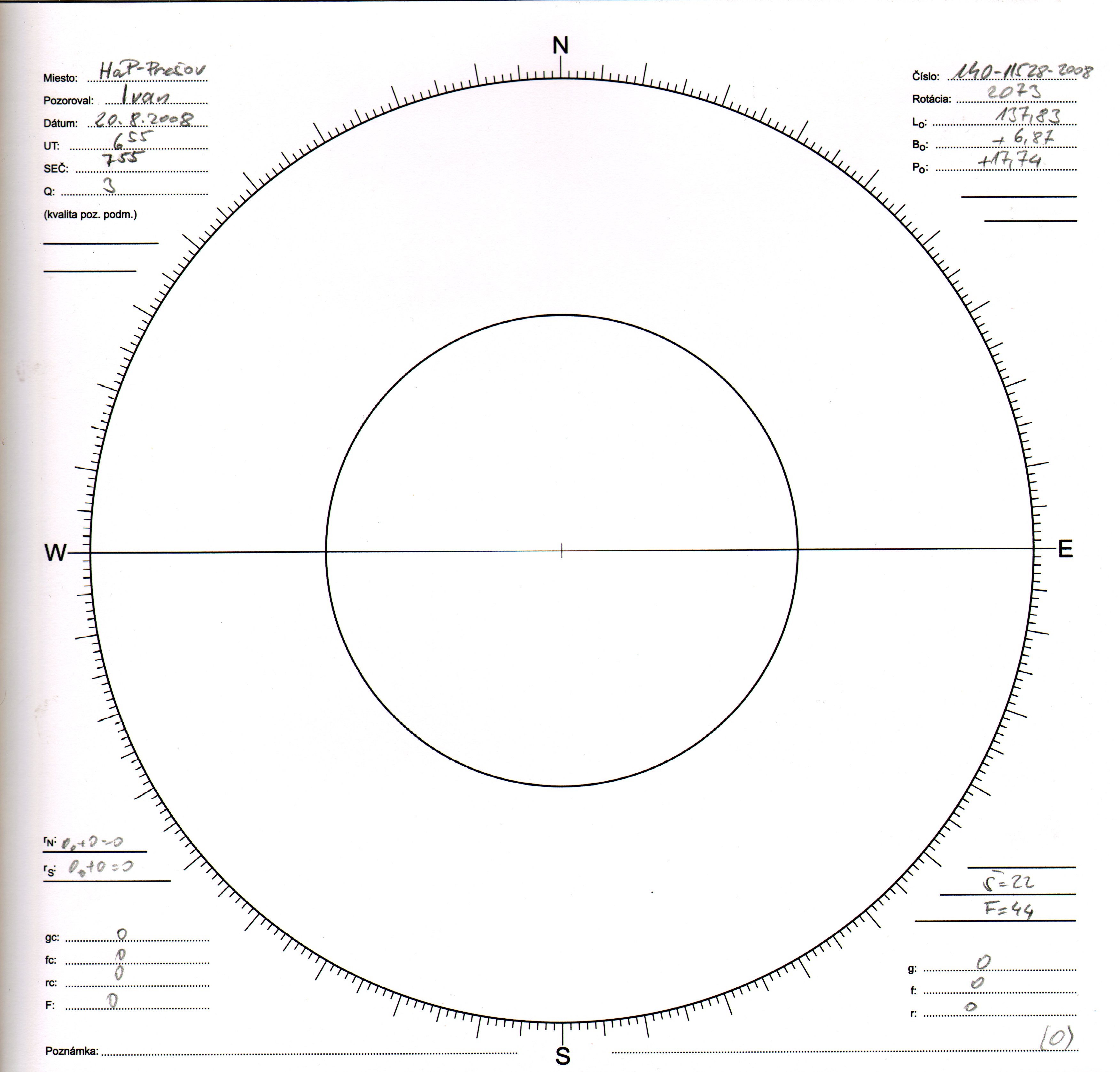 Obrázok zákresu Slnka na deň 20.08.2008