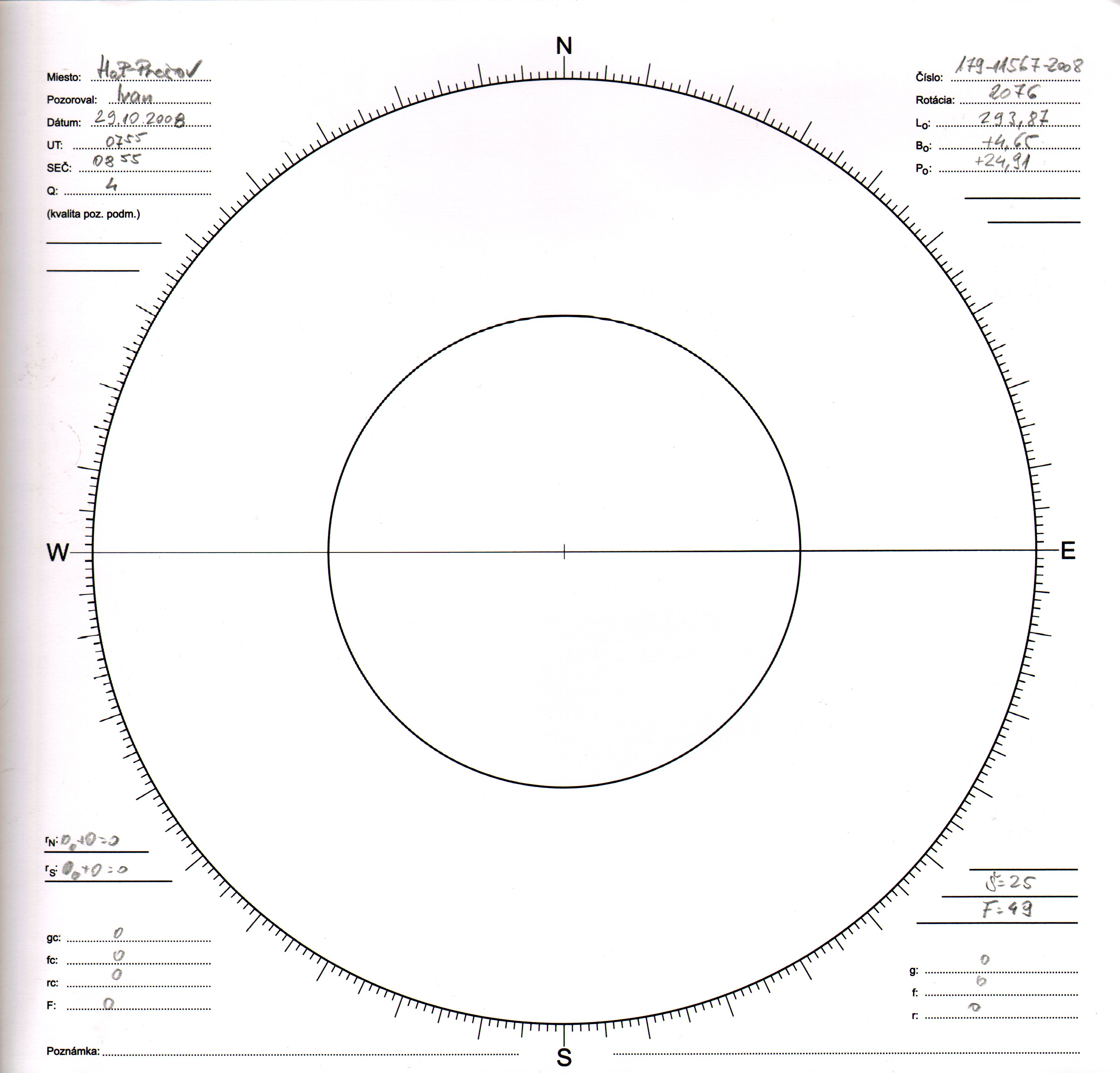 Obrázok zákresu Slnka na deň 29.10.2008
