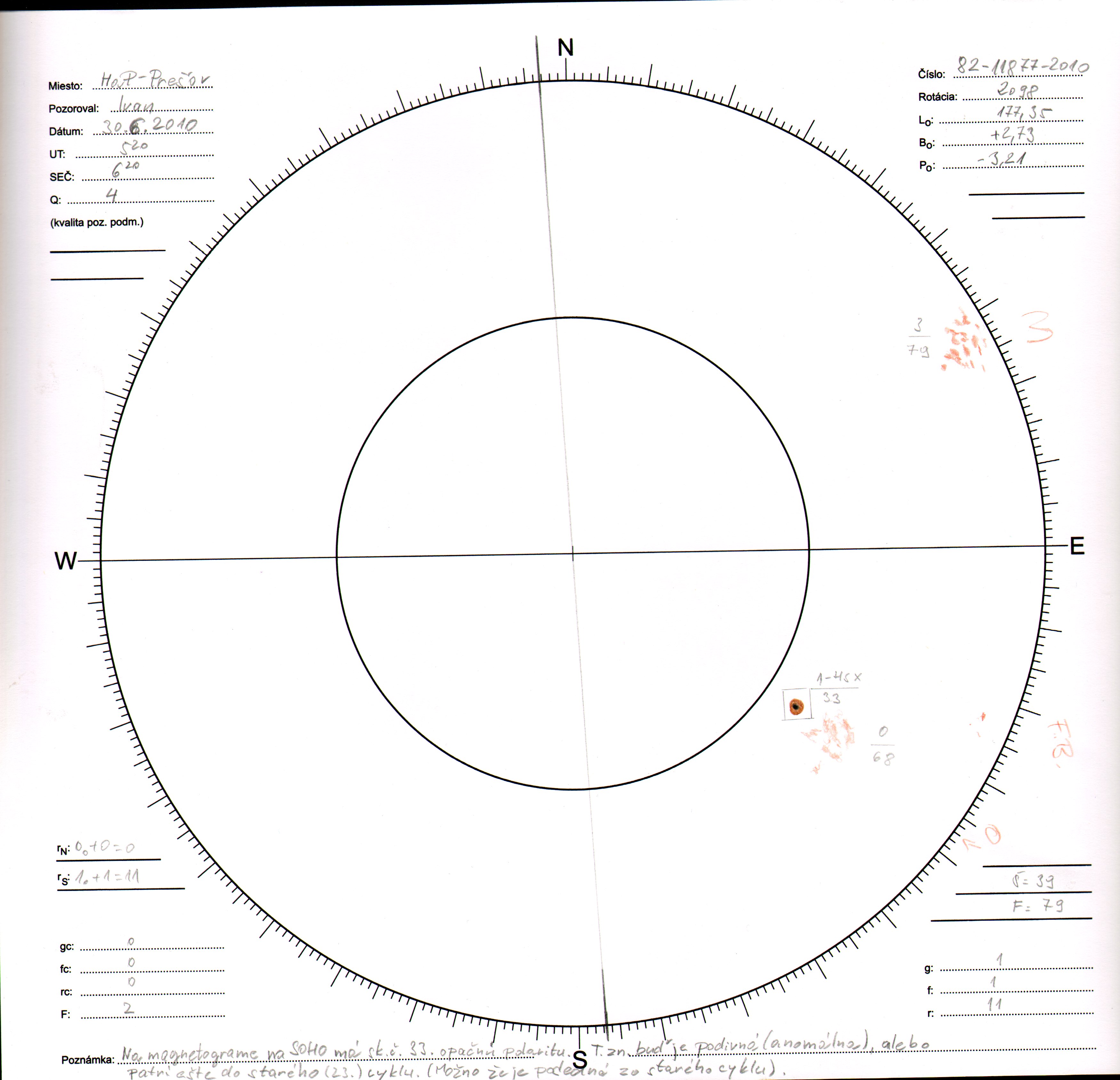 Obrázok zákresu Slnka na deň 30.06.2010