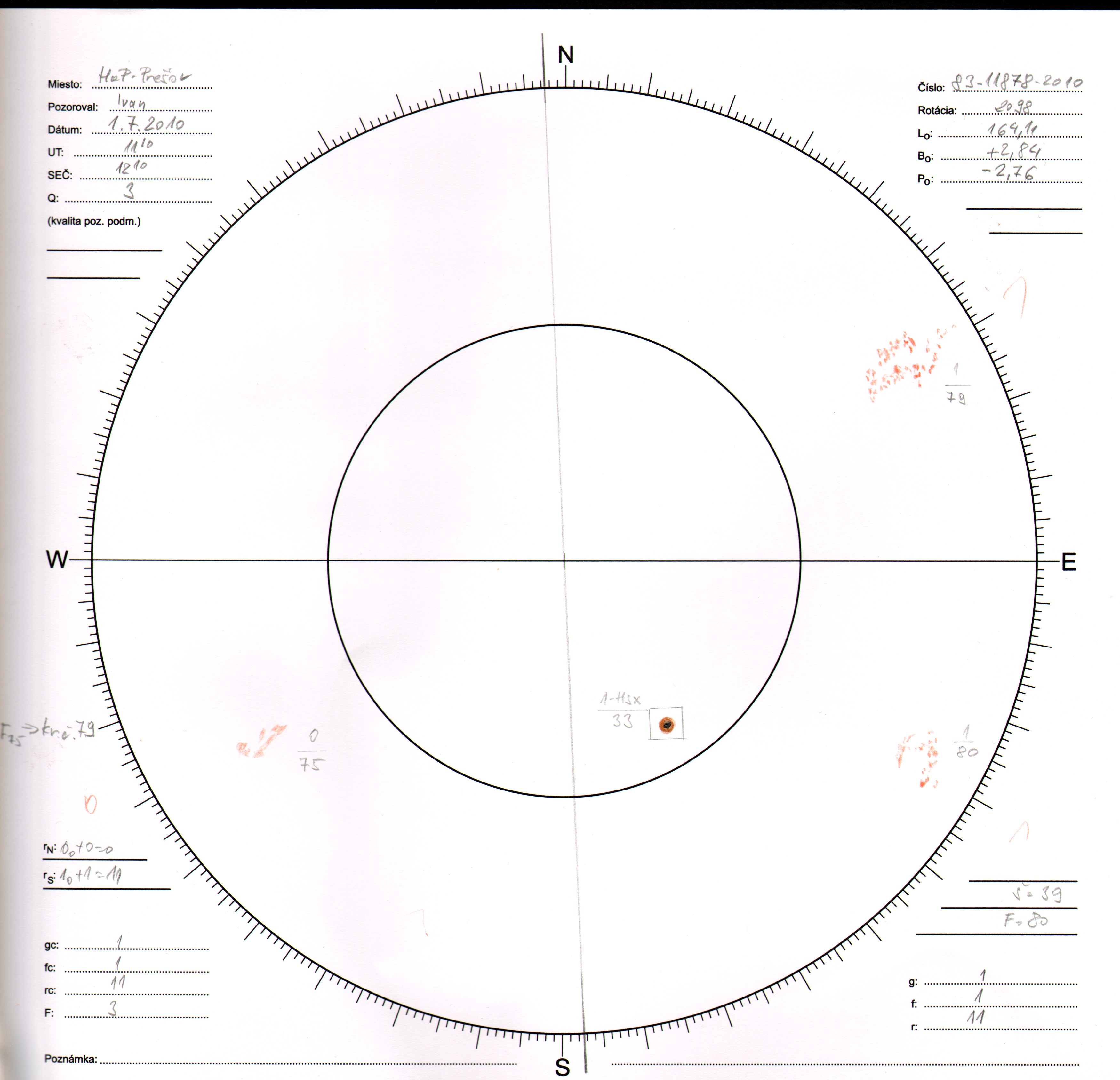 Obrázok zákresu Slnka na deň 01.07.2010