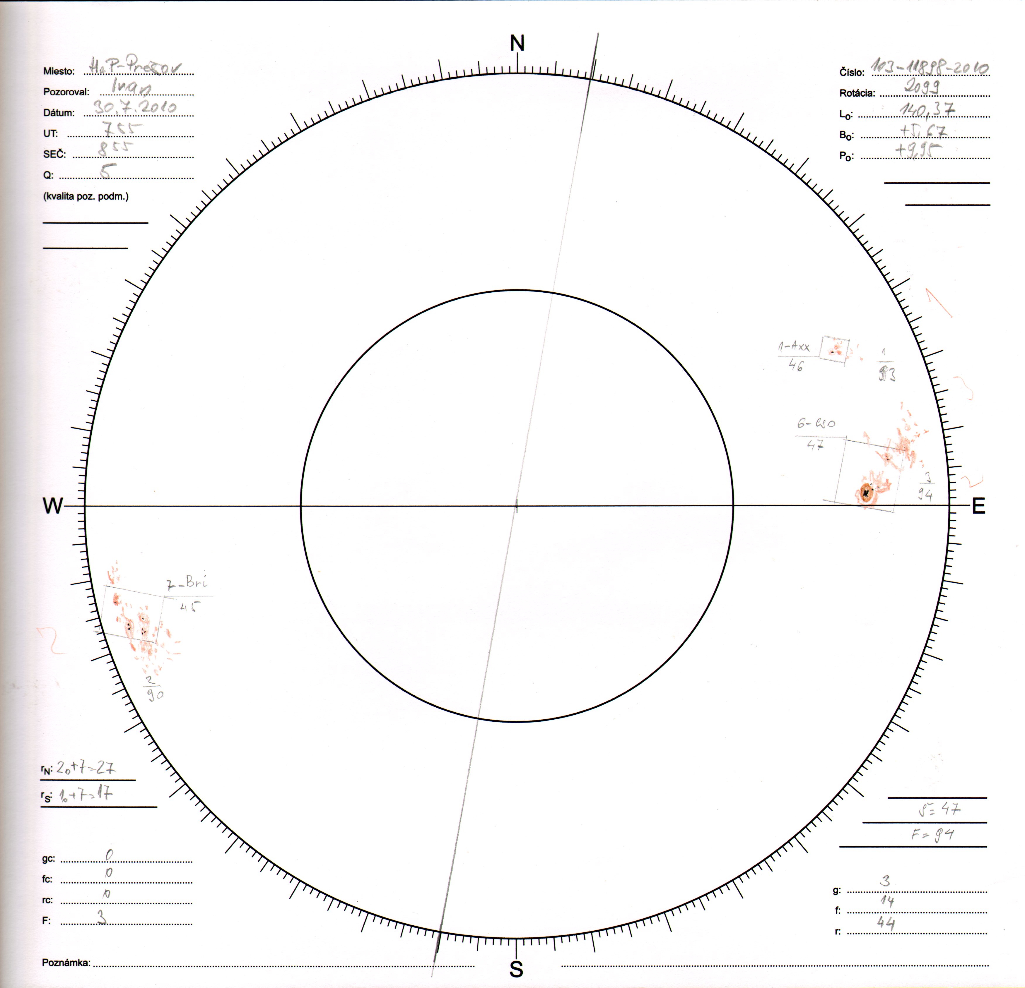 Obrázok zákresu Slnka na deň 30.07.2010