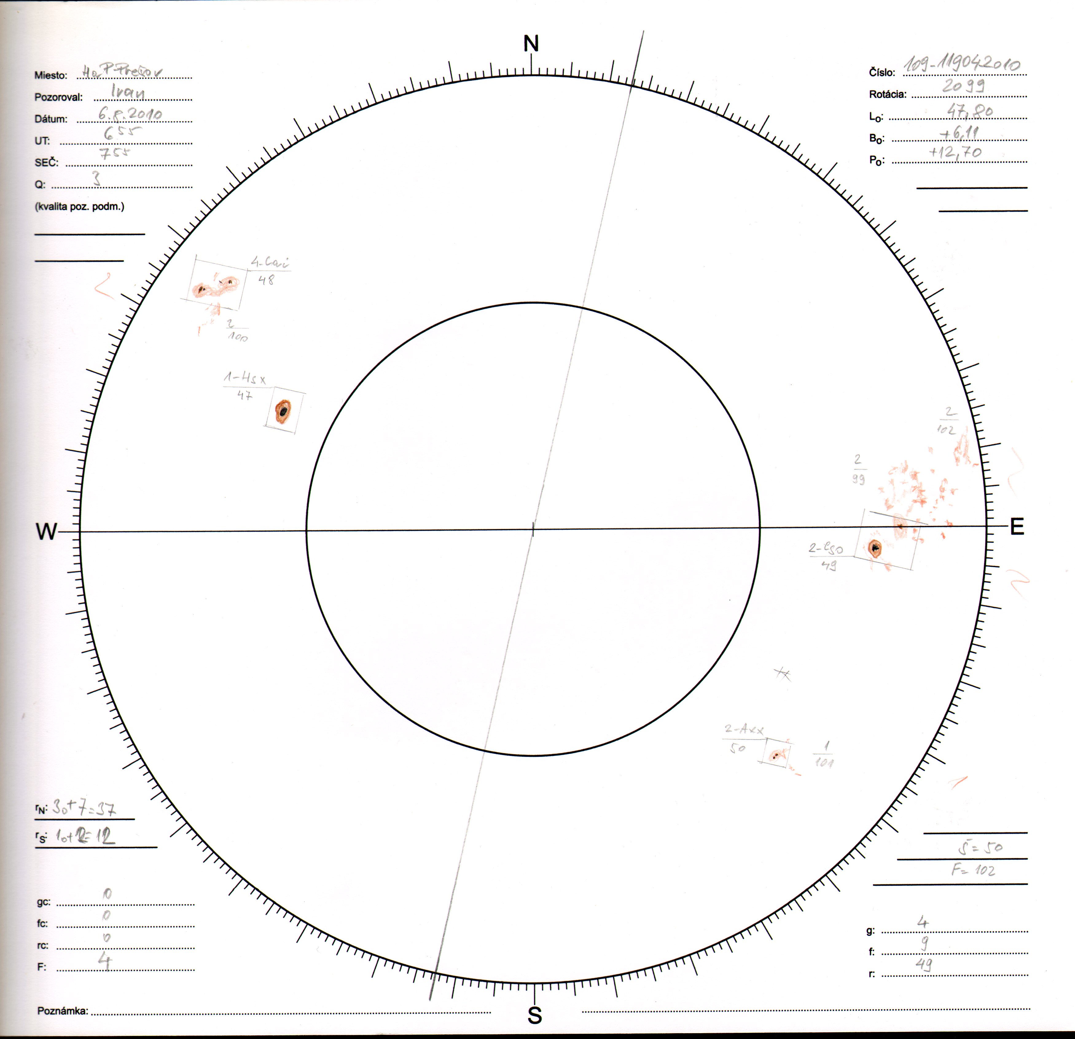 Obrázok zákresu Slnka na deň 04.08.2010