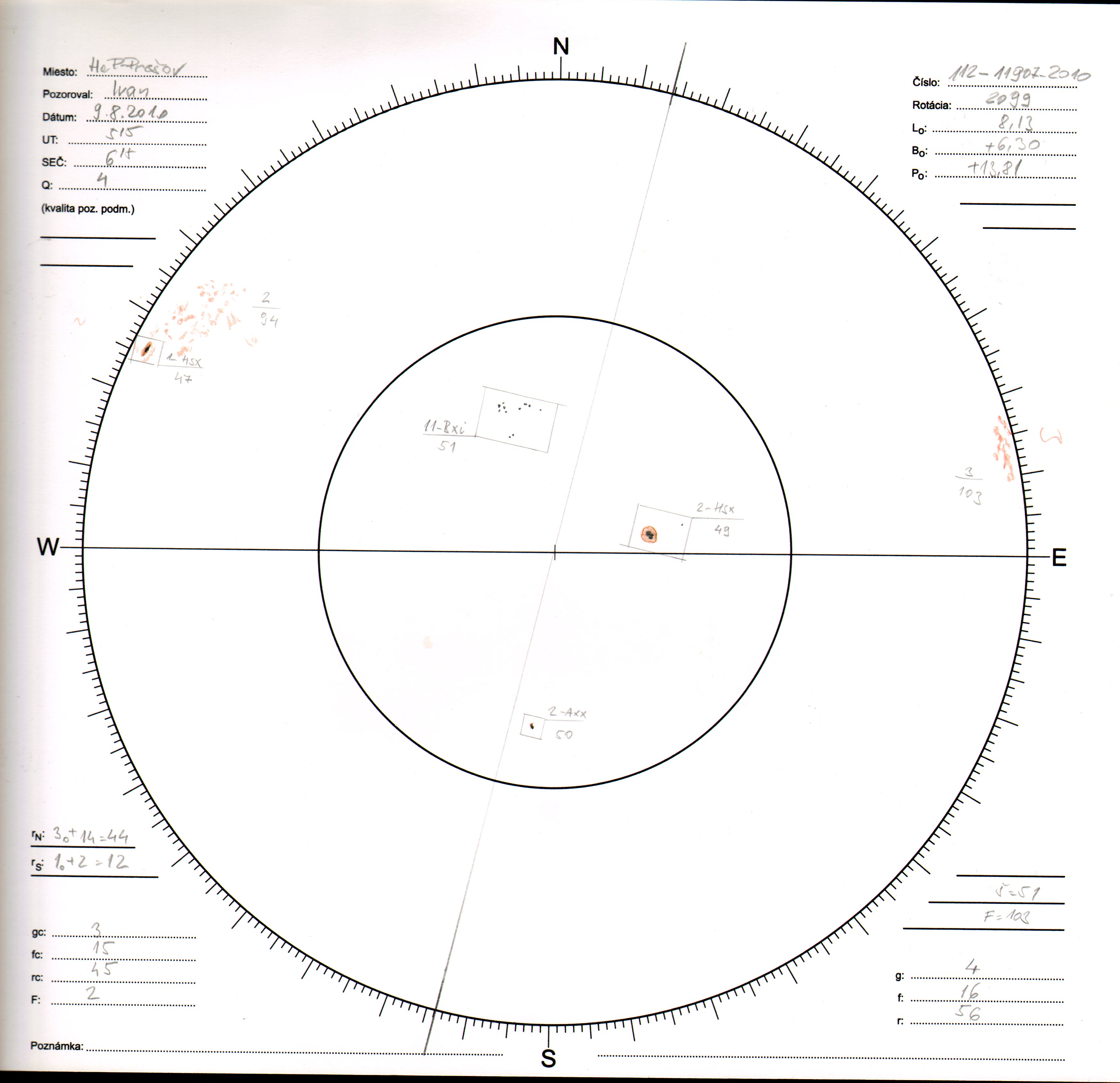 Obrázok zákresu Slnka na deň 09.08.2010