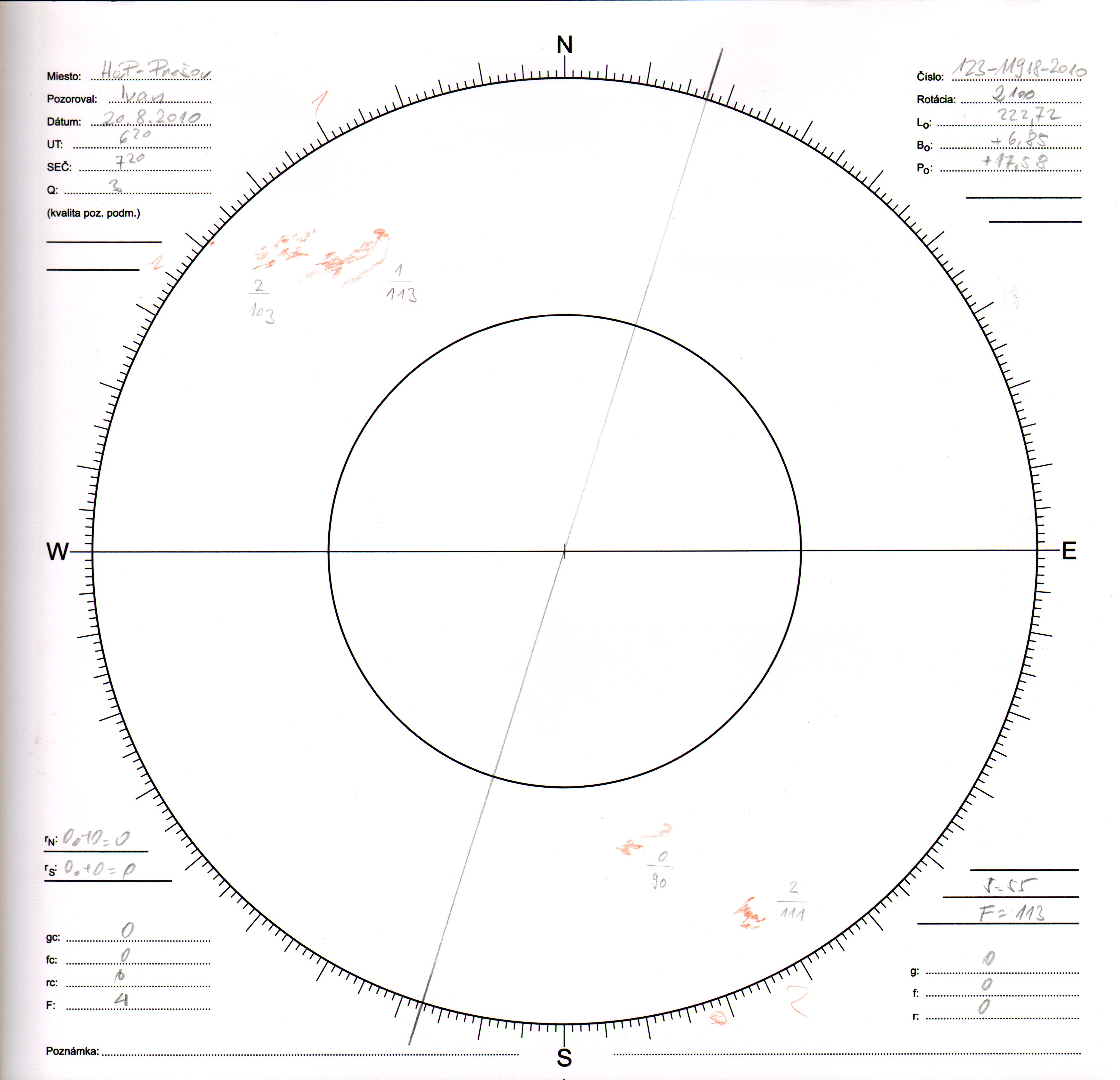 Obrázok zákresu Slnka na deň 20.08.2010