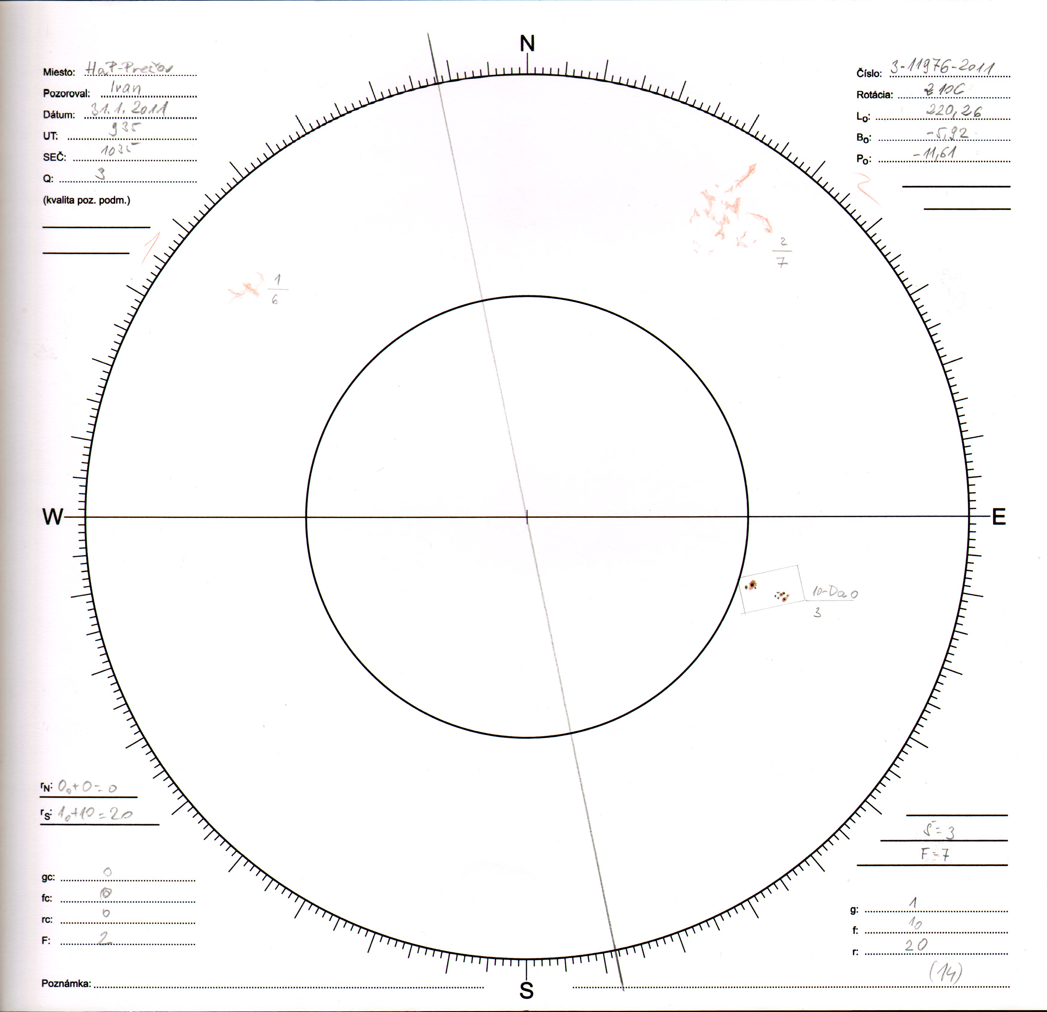 Obrázok zákresu Slnka na deň 31.01.2011
