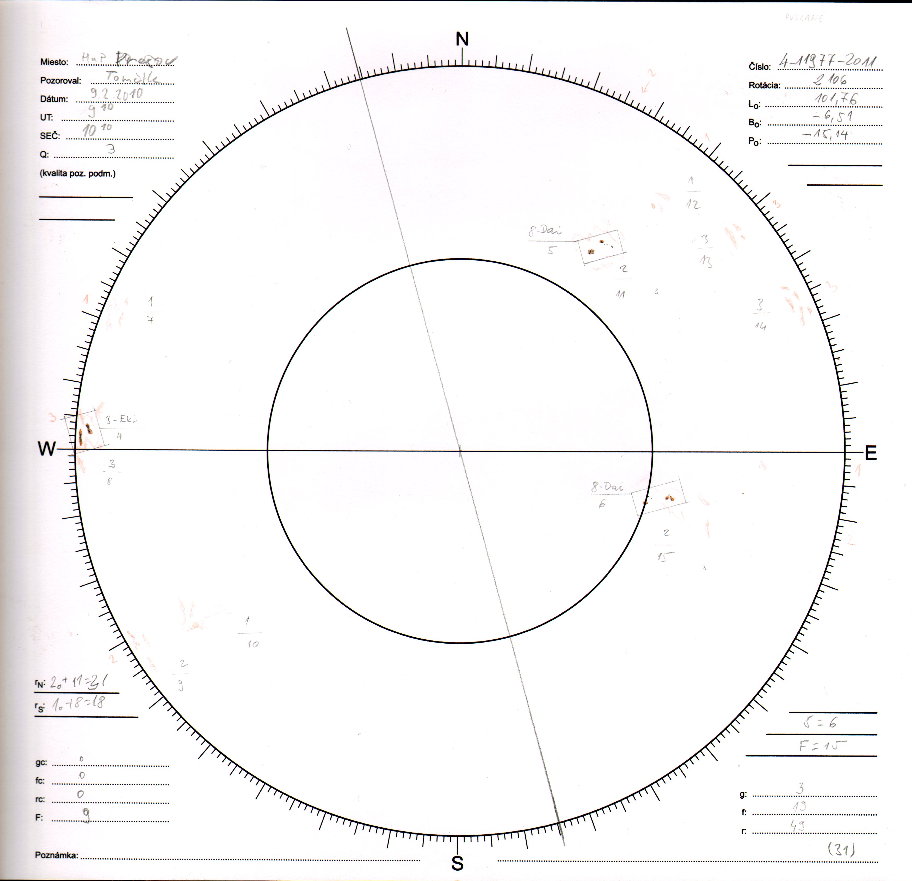 Obrázok zákresu Slnka na deň 09.02.2011