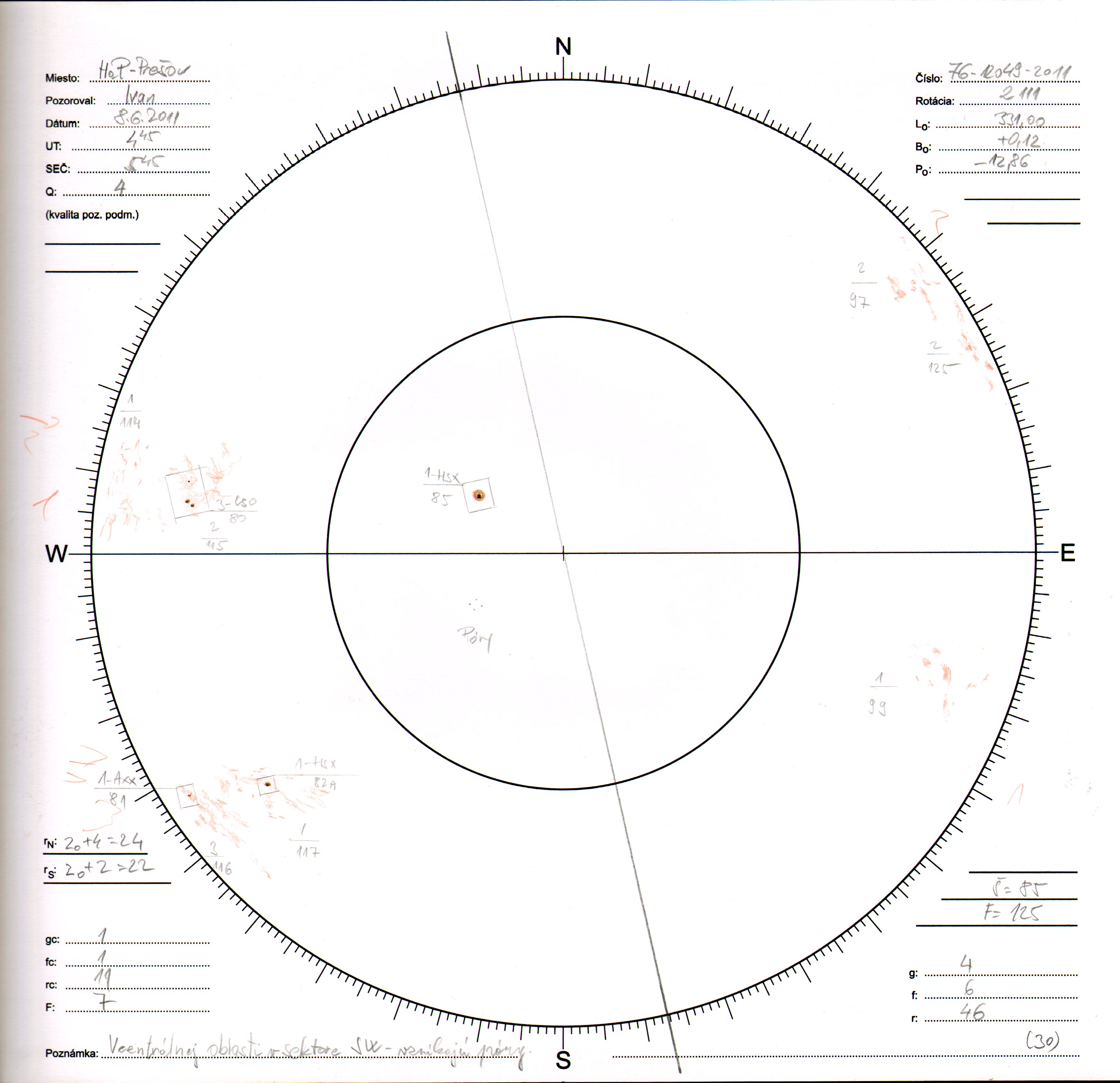 Obrázok zákresu Slnka na deň 08.06.2011