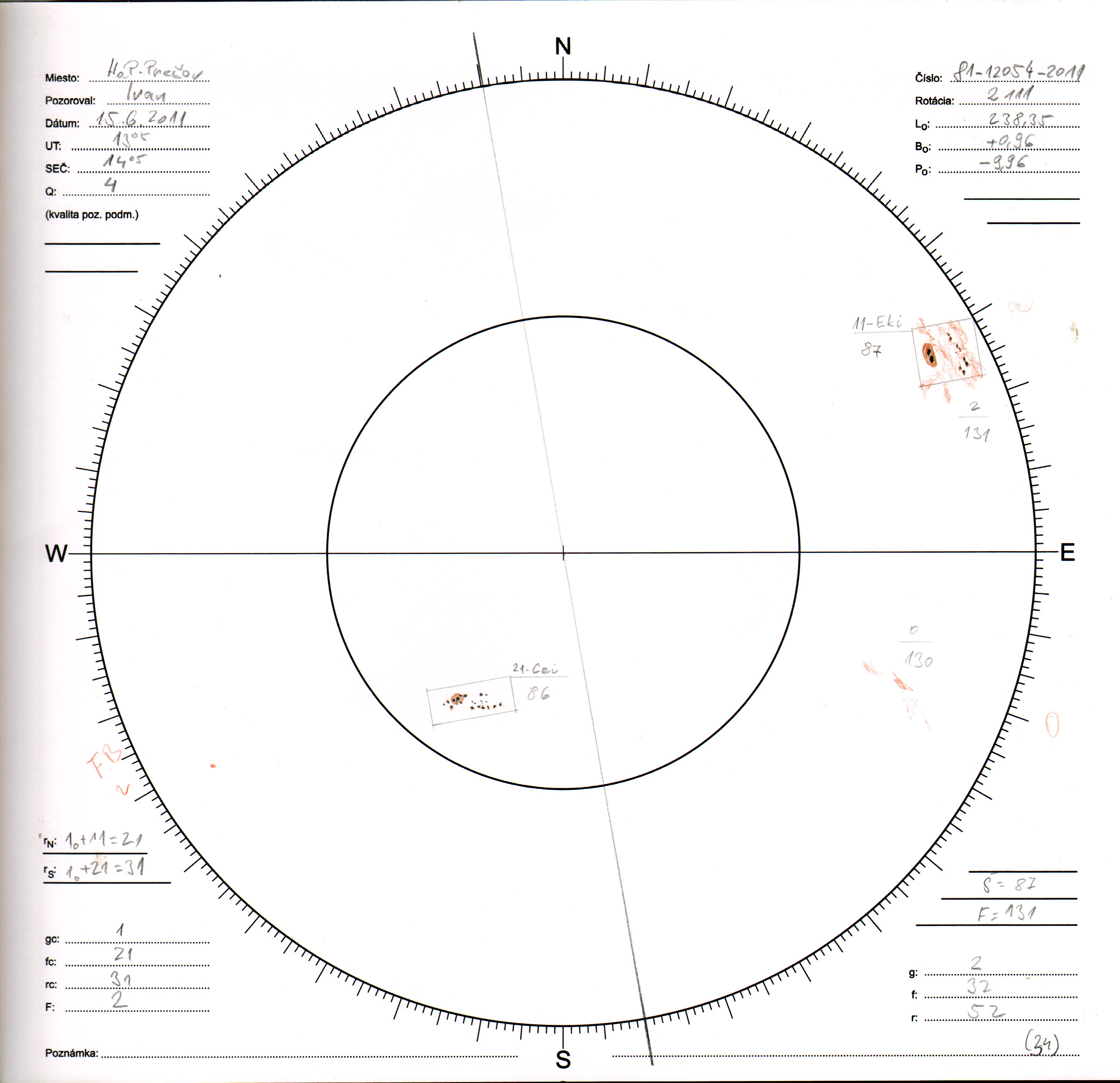 Obrázok zákresu Slnka na deň 15.06.2011