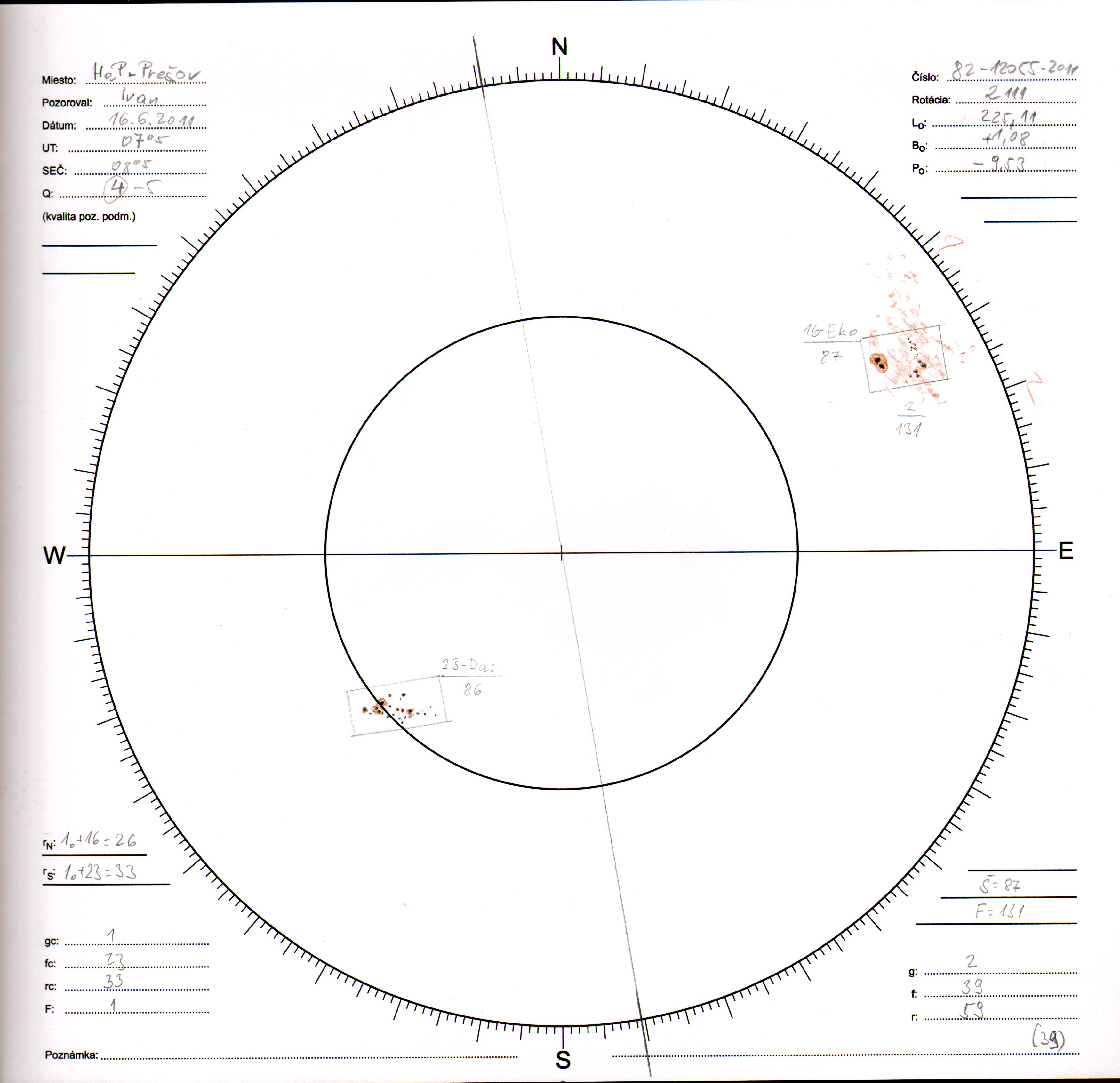 Obrázok zákresu Slnka na deň 16.06.2011