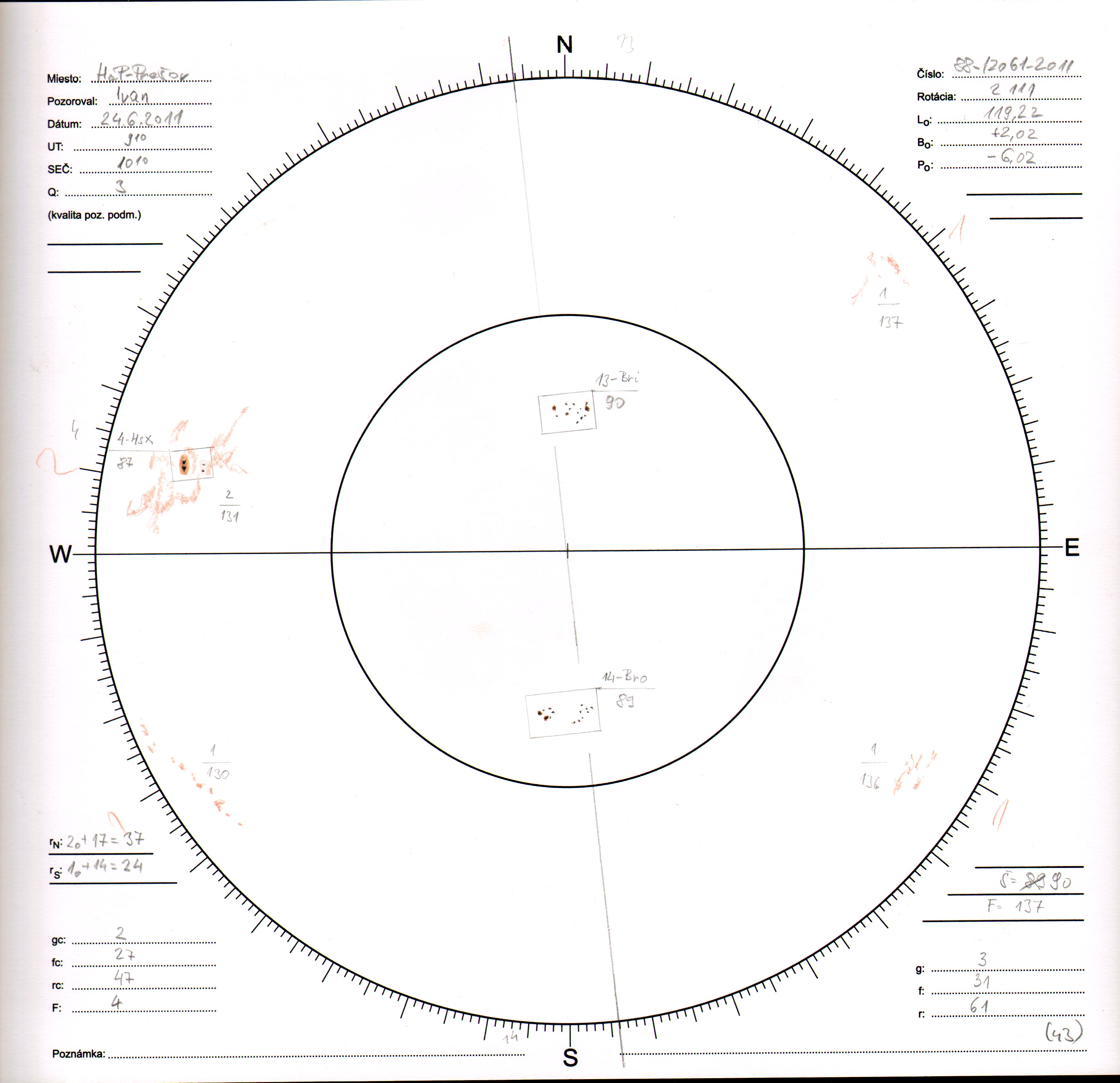 Obrázok zákresu Slnka na deň 24.06.2011