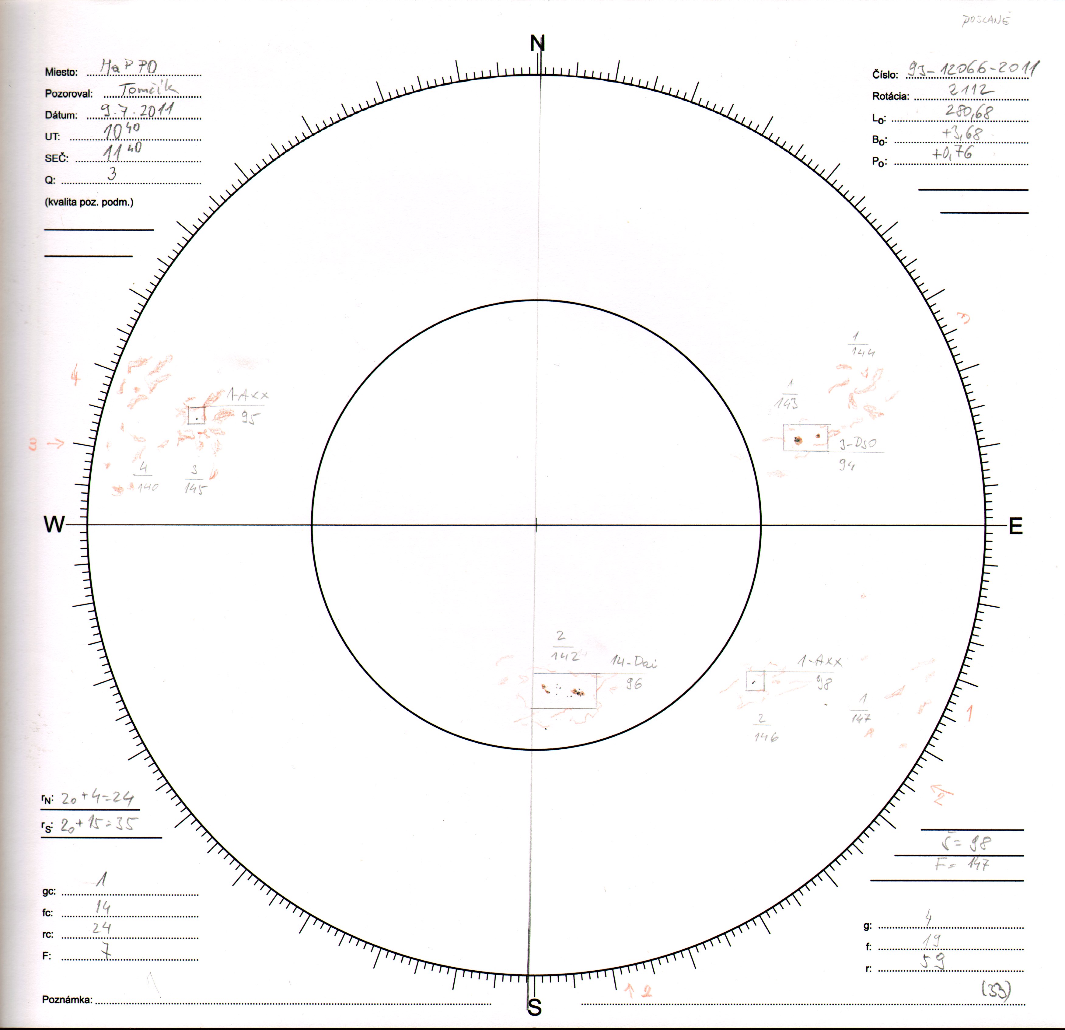 Obrázok zákresu Slnka na deň 09.07.2011
