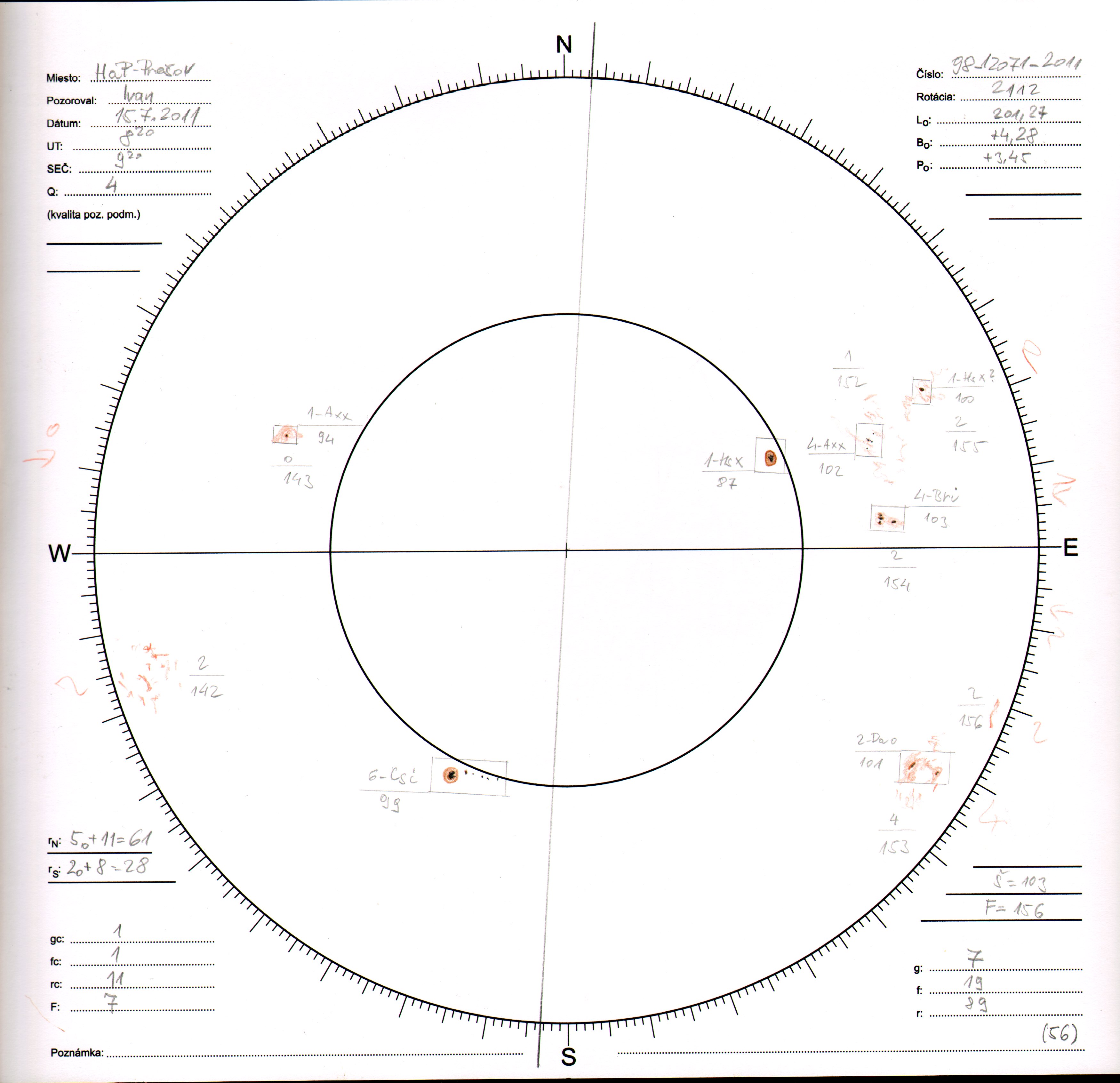 Obrázok zákresu Slnka na deň 15.07.2011