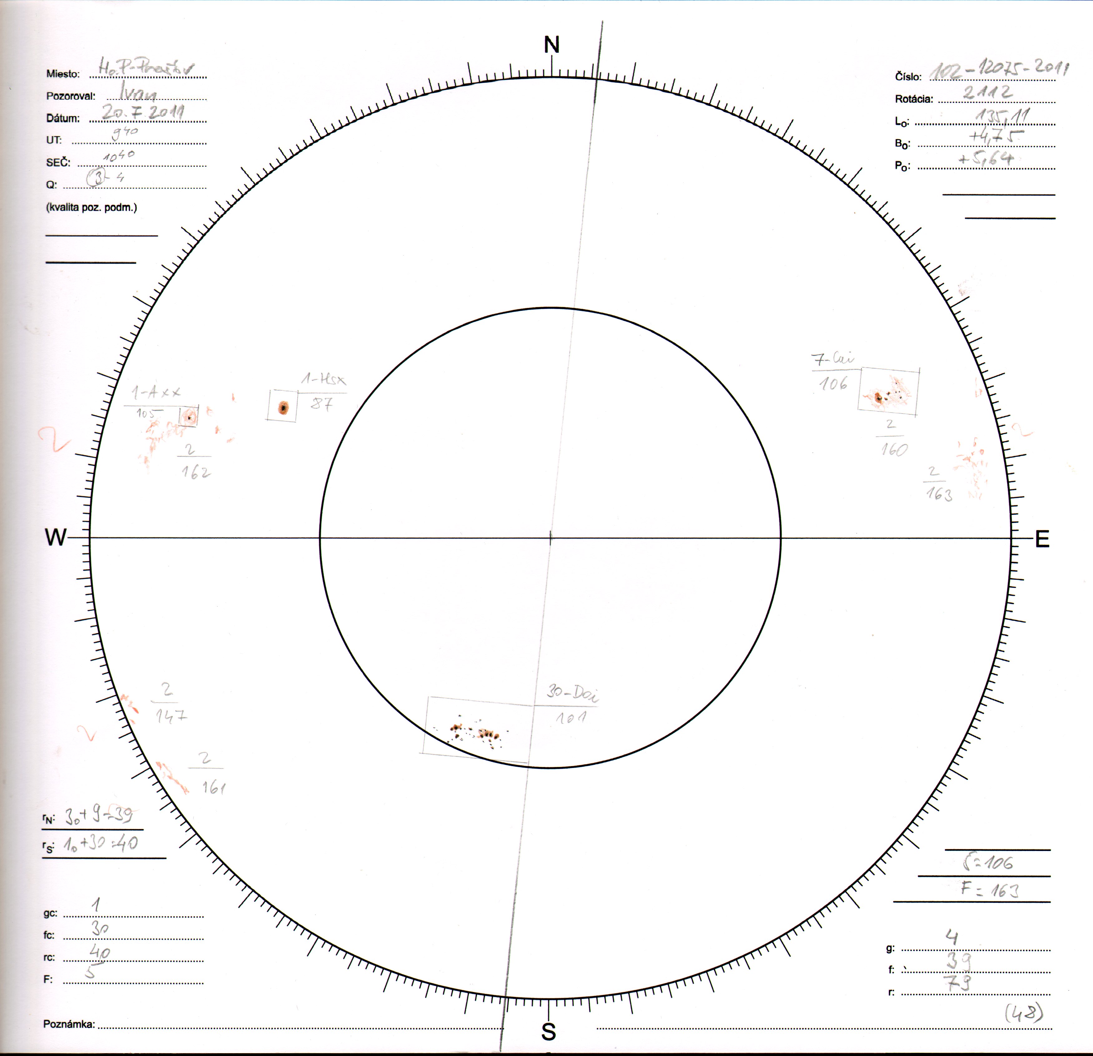 Obrázok zákresu Slnka na deň 20.07.2011
