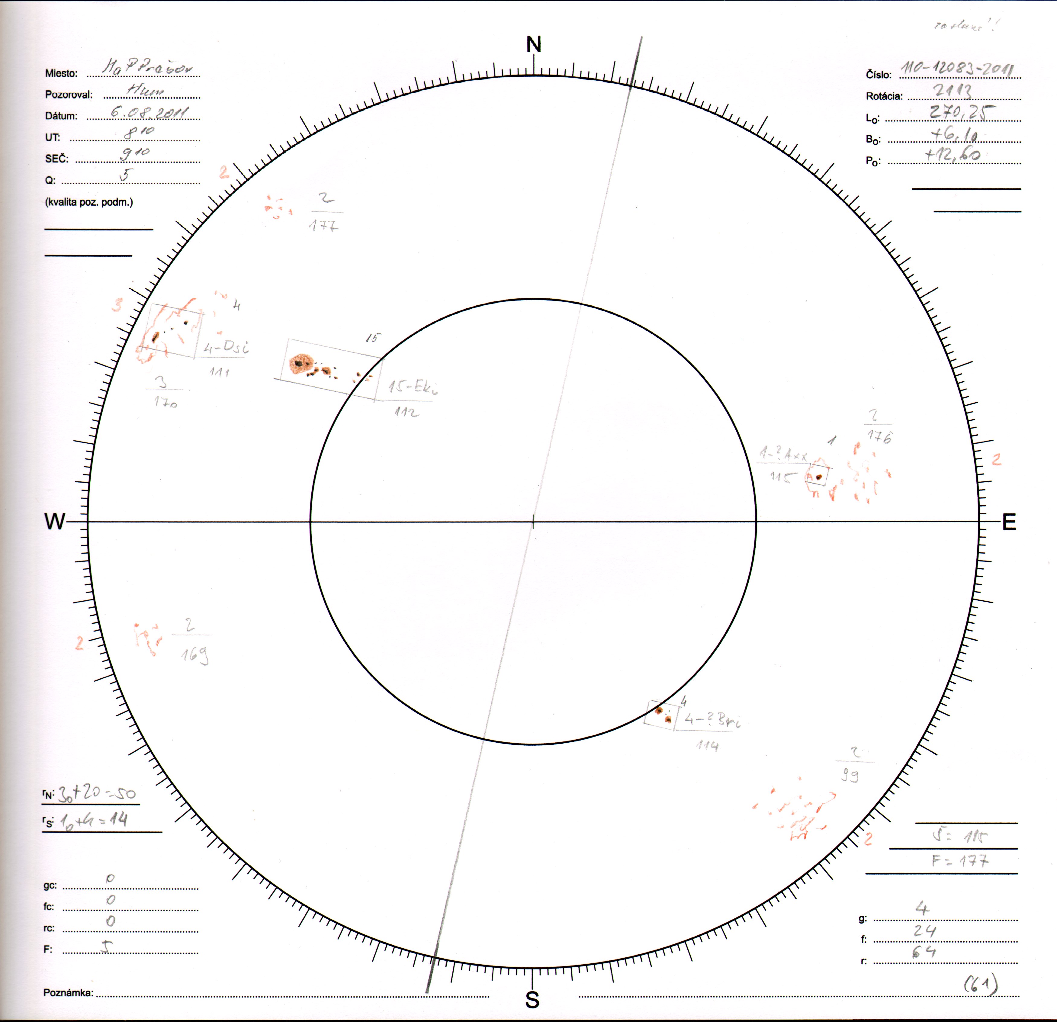 Obrázok zákresu Slnka na deň 06.08.2011