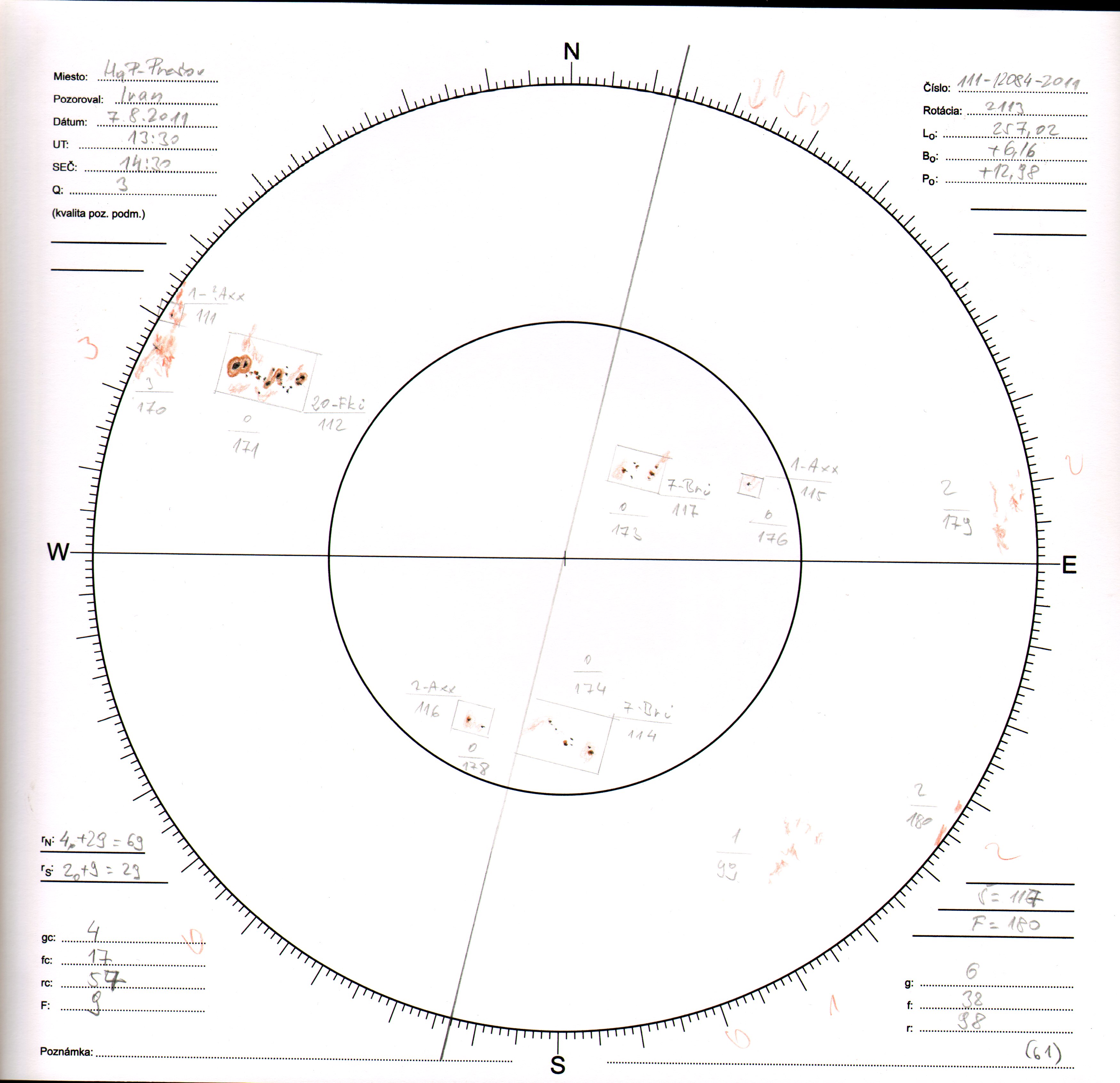 Obrázok zákresu Slnka na deň 07.08.2011