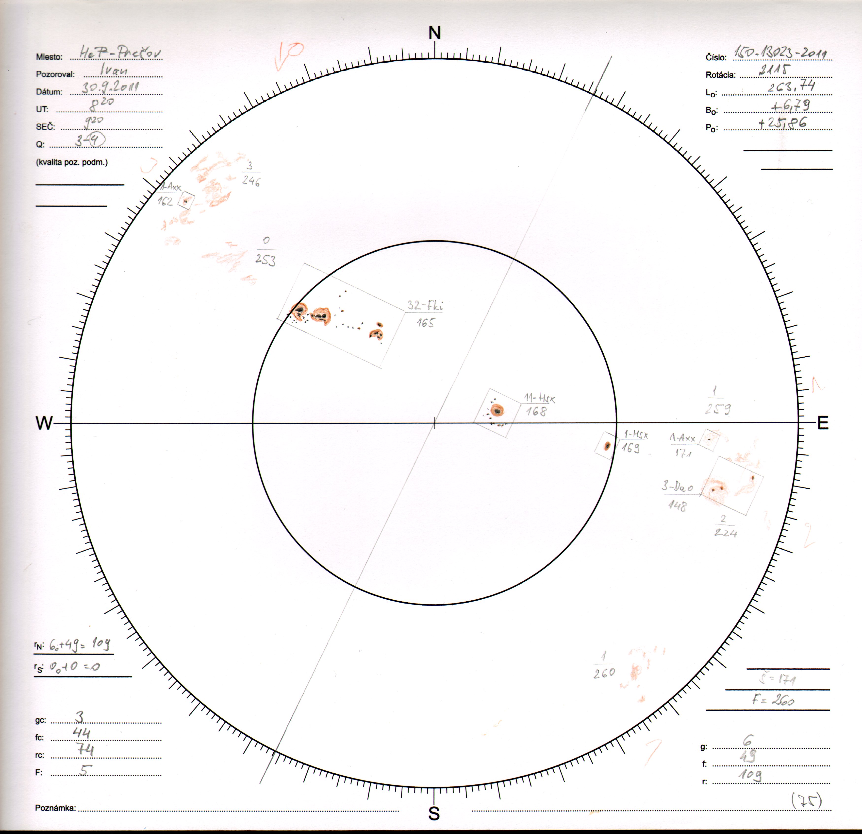 Obrázok zákresu Slnka na deň 30.09.2011