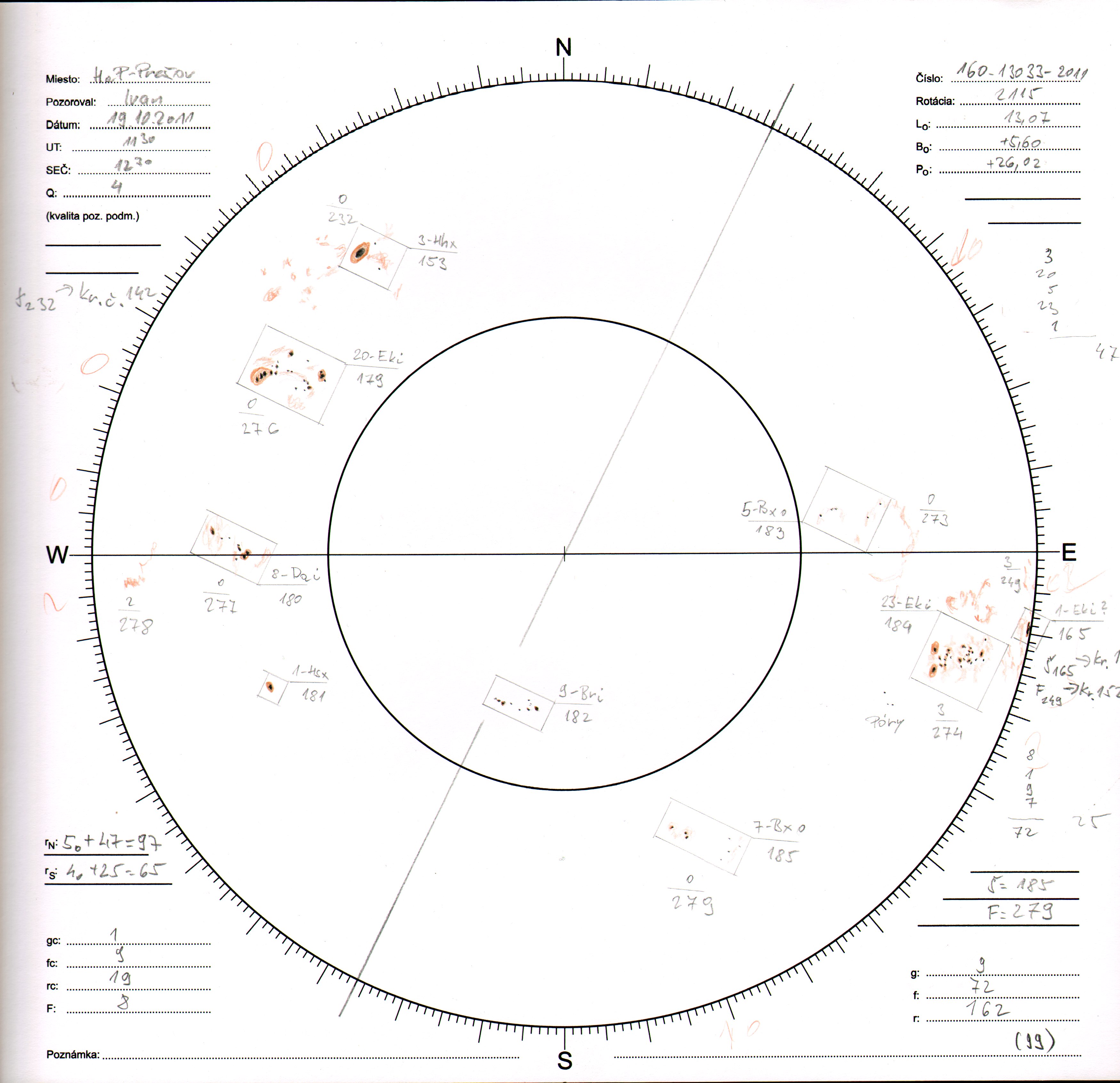 Obrázok zákresu Slnka na deň 19.10.2011