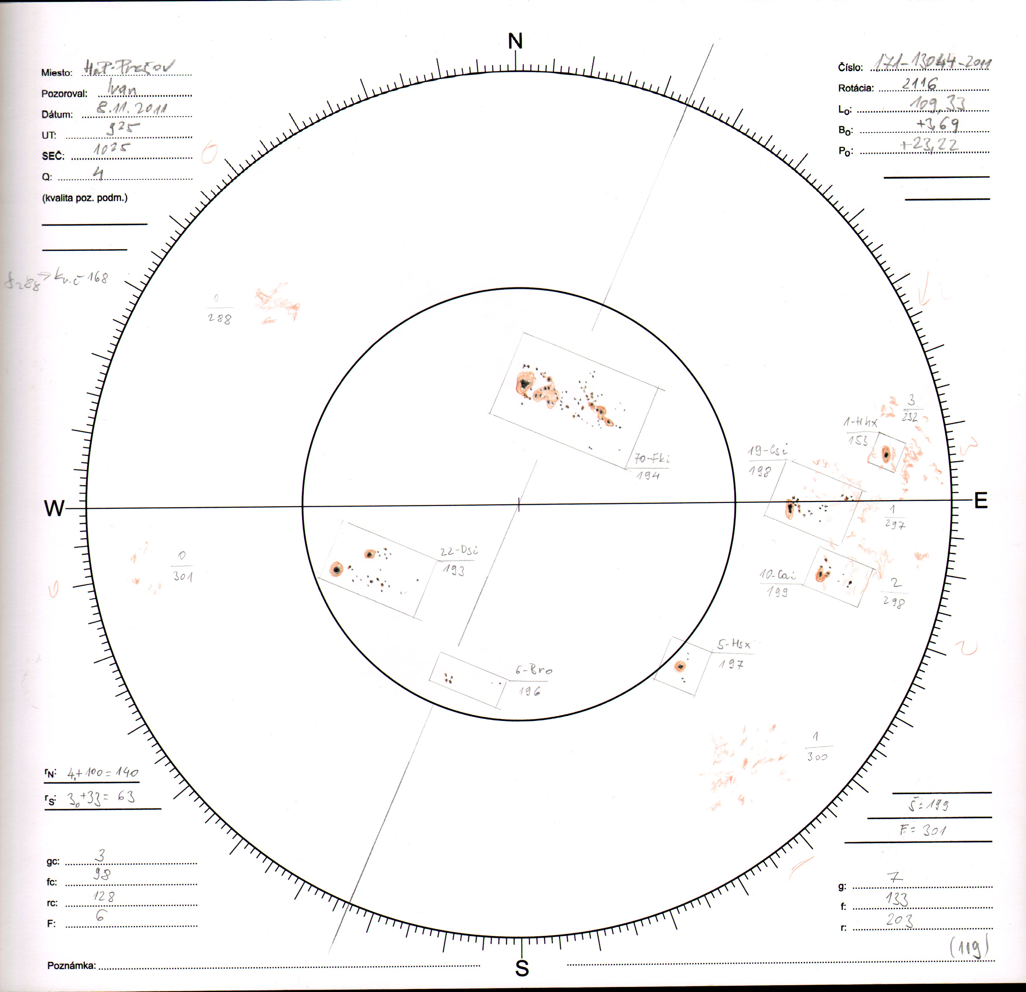 Obrázok zákresu Slnka na deň 08.11.2011