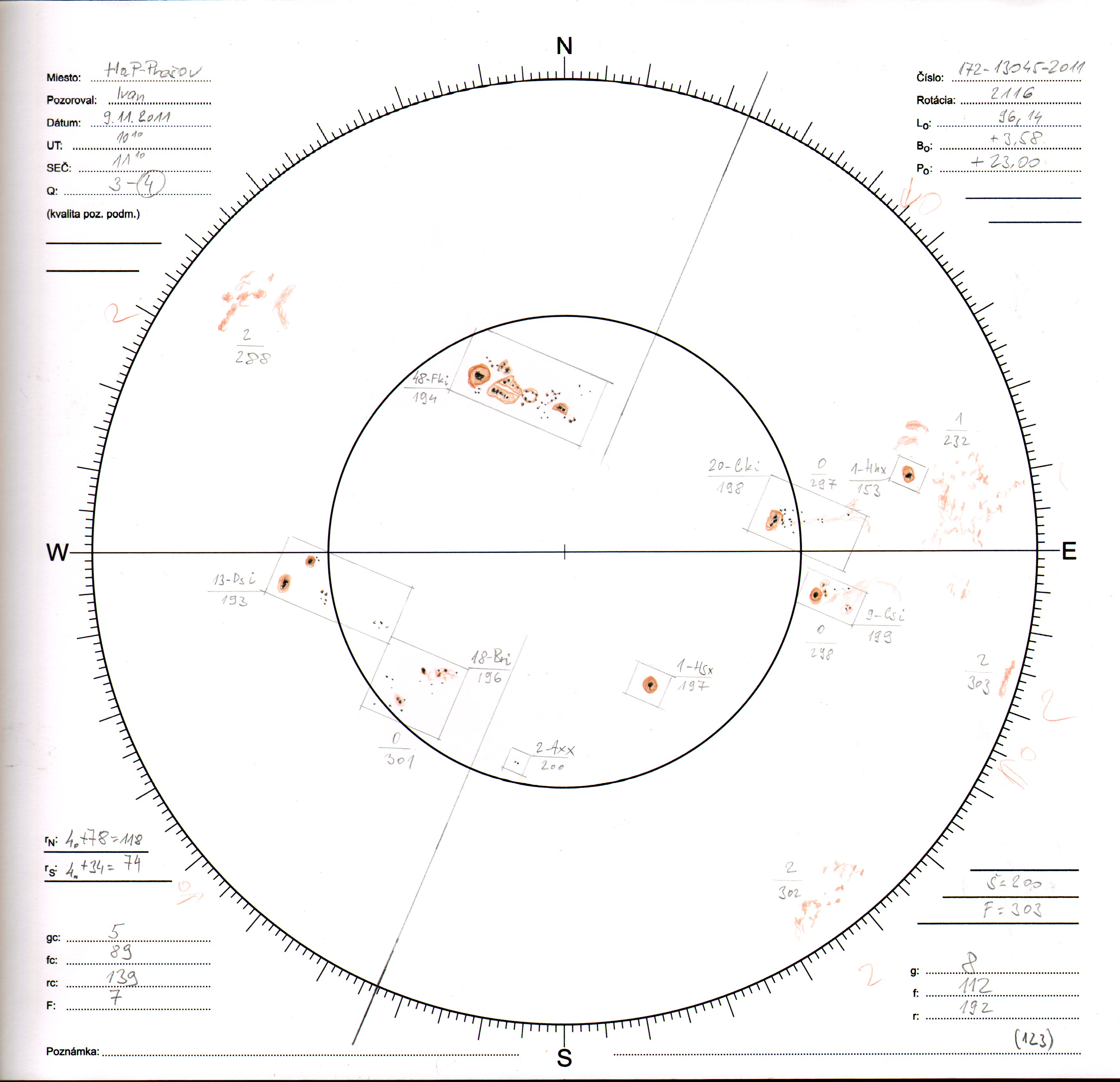 Obrázok zákresu Slnka na deň 09.11.2011