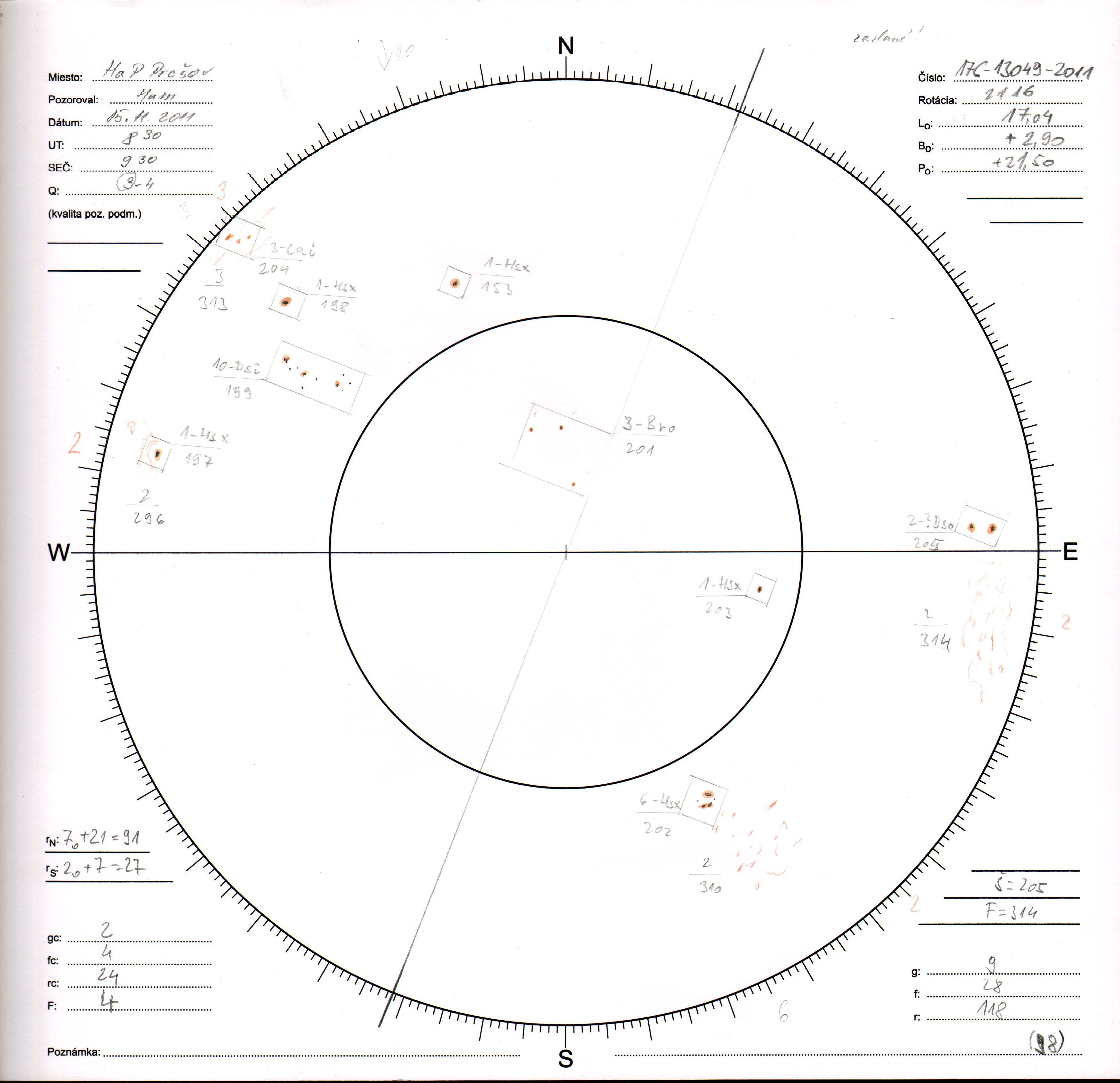 Obrázok zákresu Slnka na deň 15.11.2011
