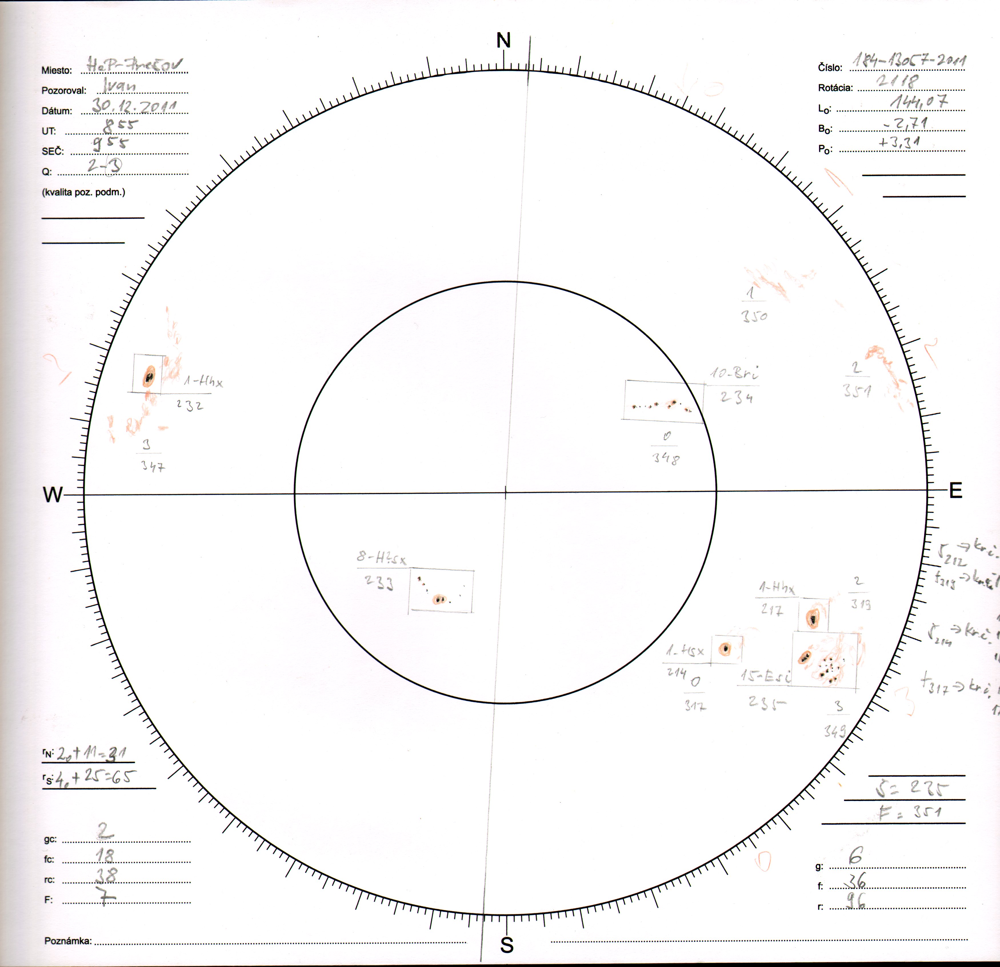 Obrázok zákresu Slnka na deň 30.12.2011