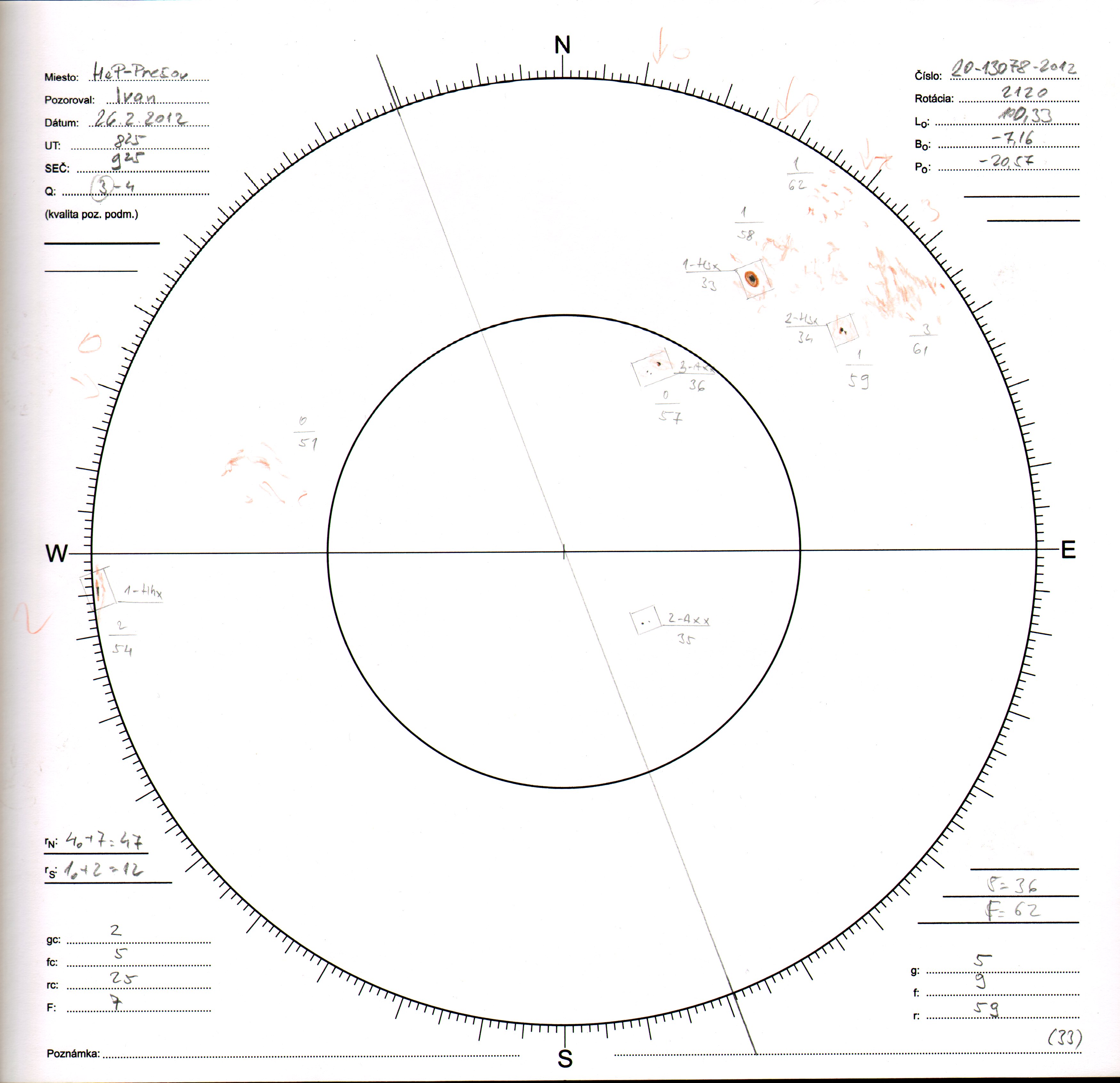 Obrázok zákresu Slnka na deň 26.02.2012