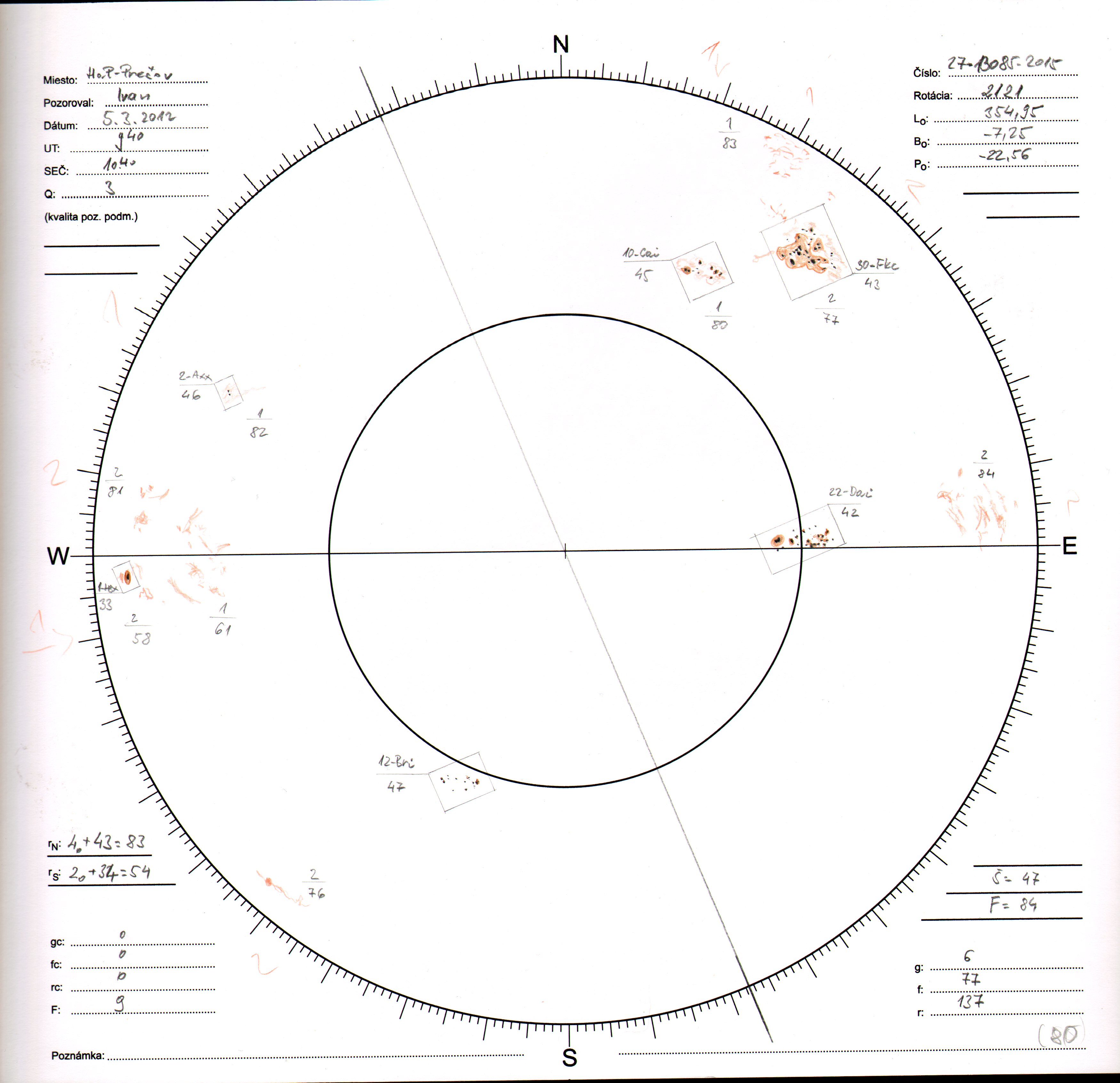 Obrázok zákresu Slnka na deň 05.03.2012