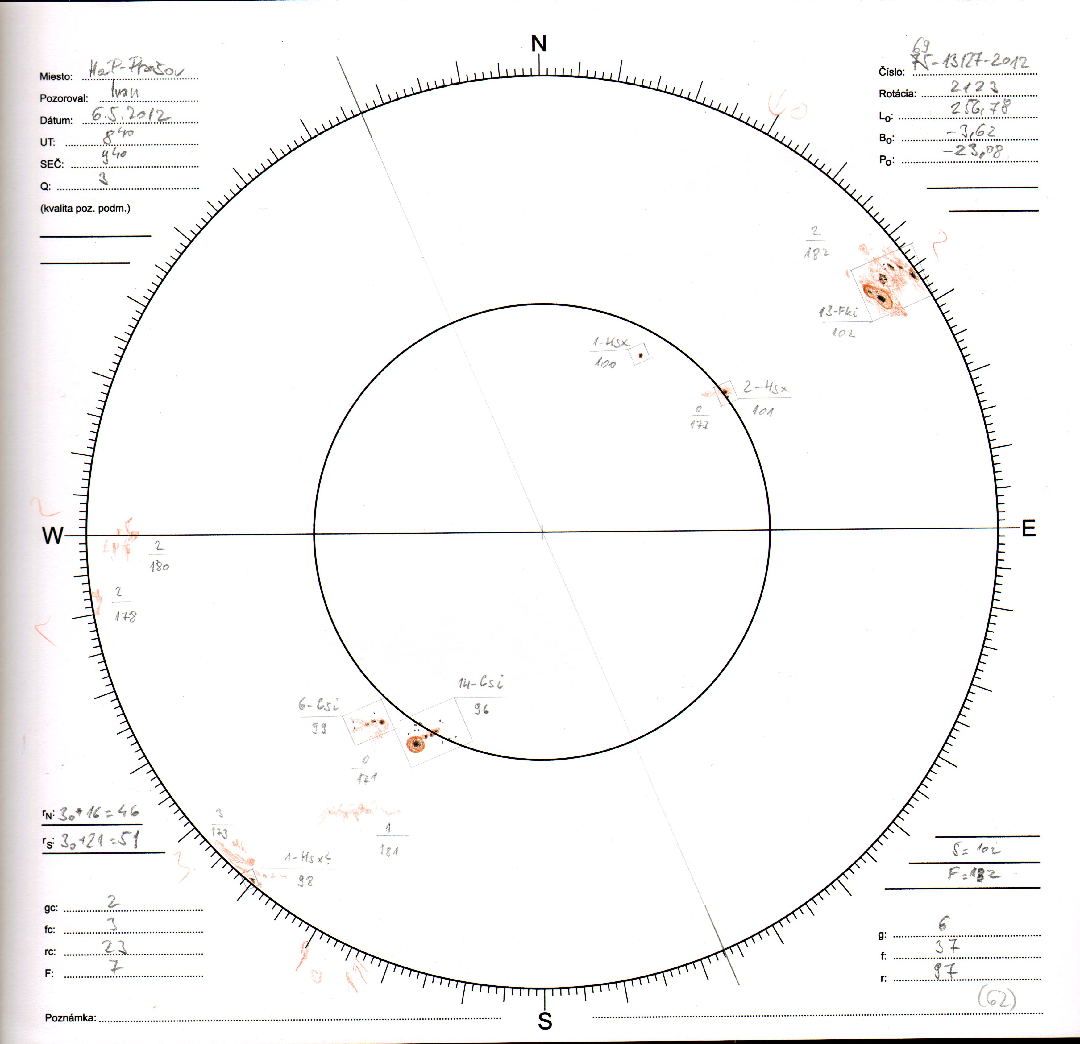 Obrázok zákresu Slnka na deň 06.05.2012