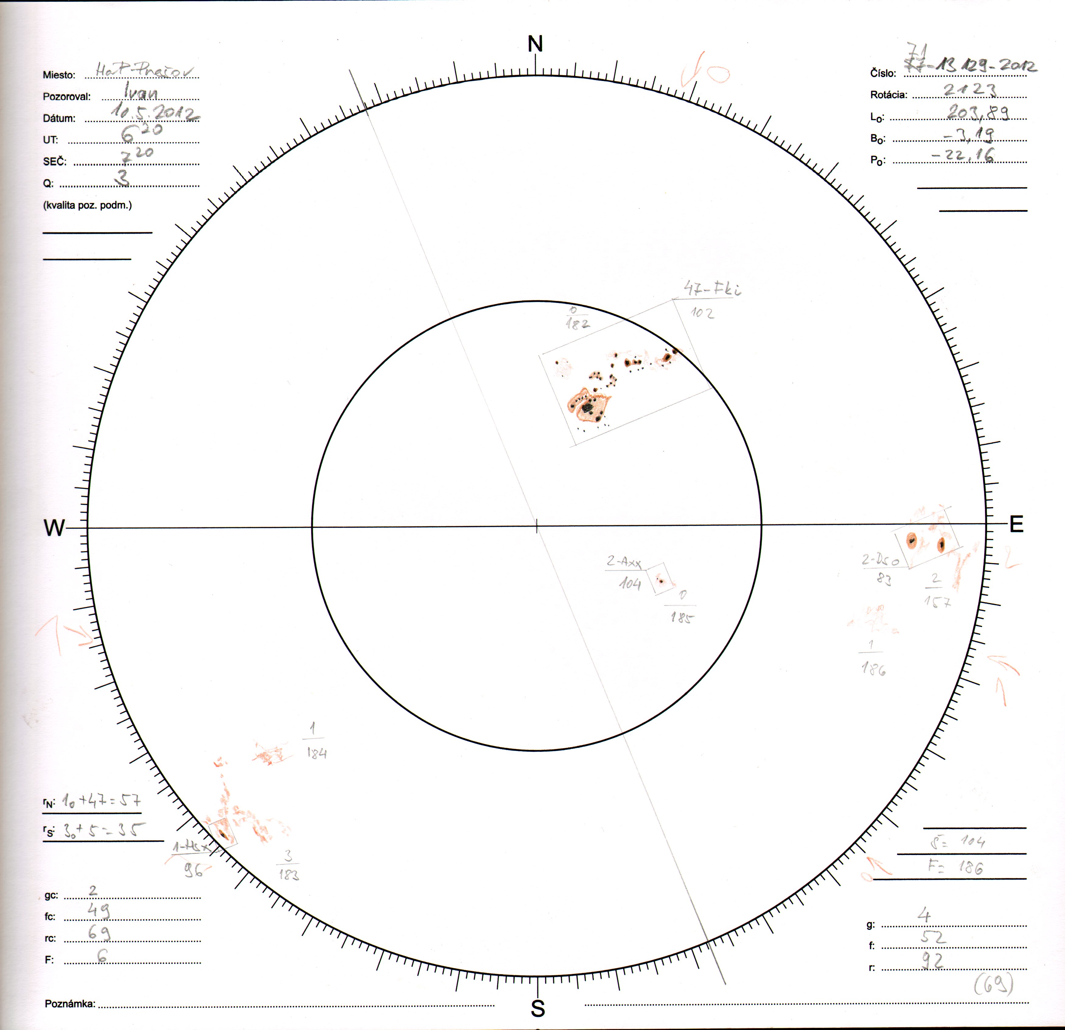 Obrázok zákresu Slnka na deň 10.05.2012