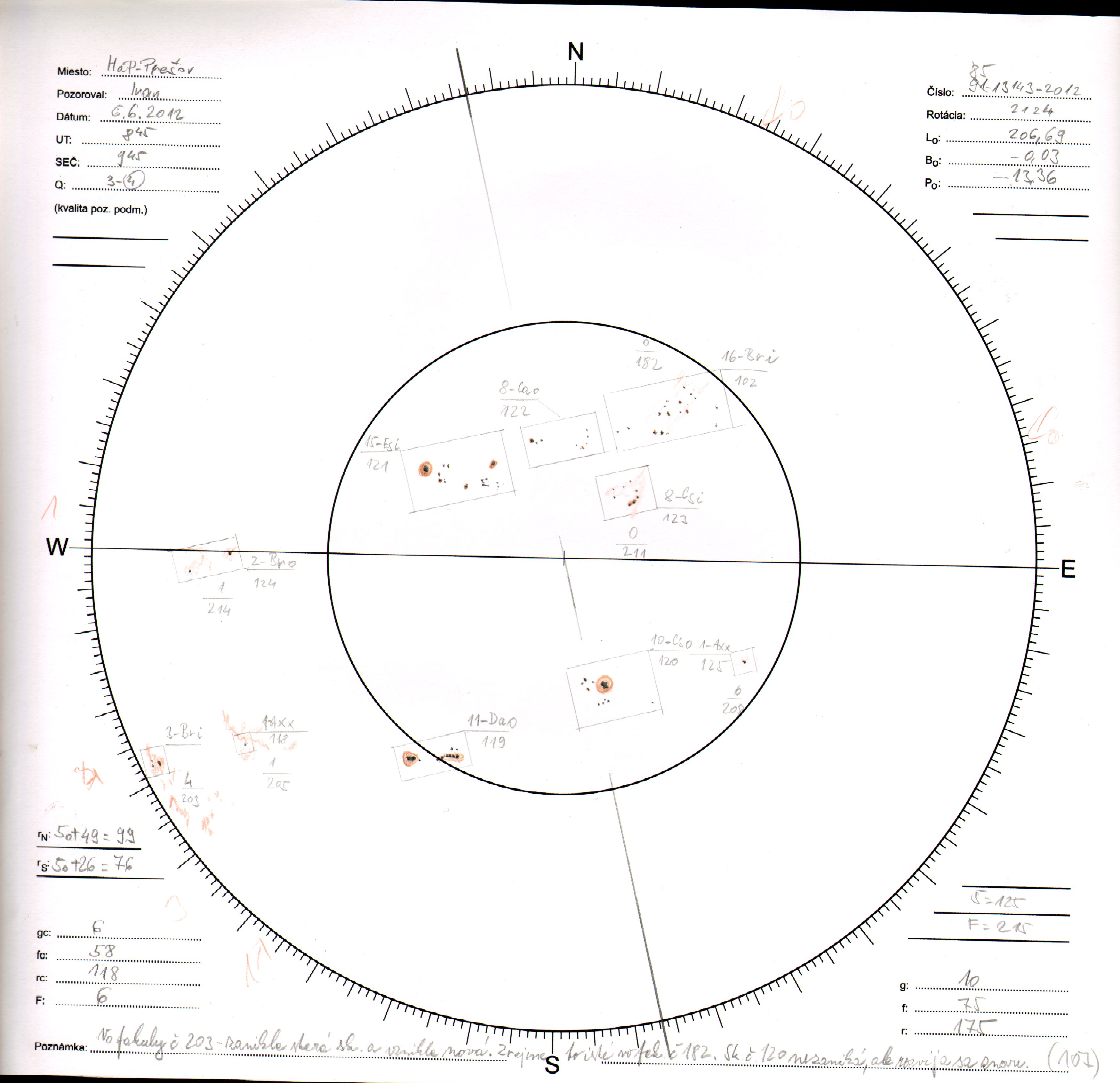 Obrázok zákresu Slnka na deň 06.06.2012