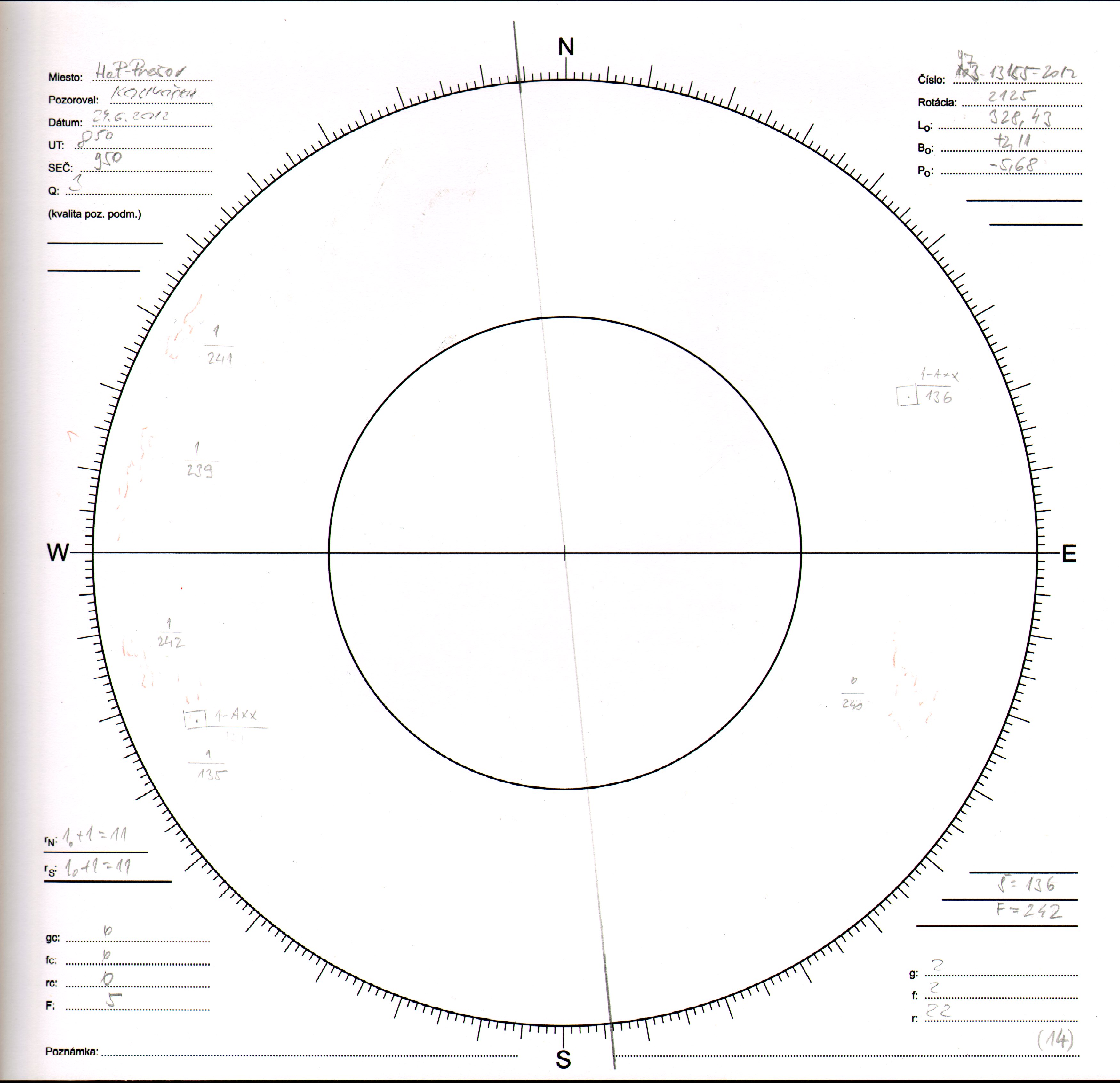 Obrázok zákresu Slnka na deň 24.06.2012